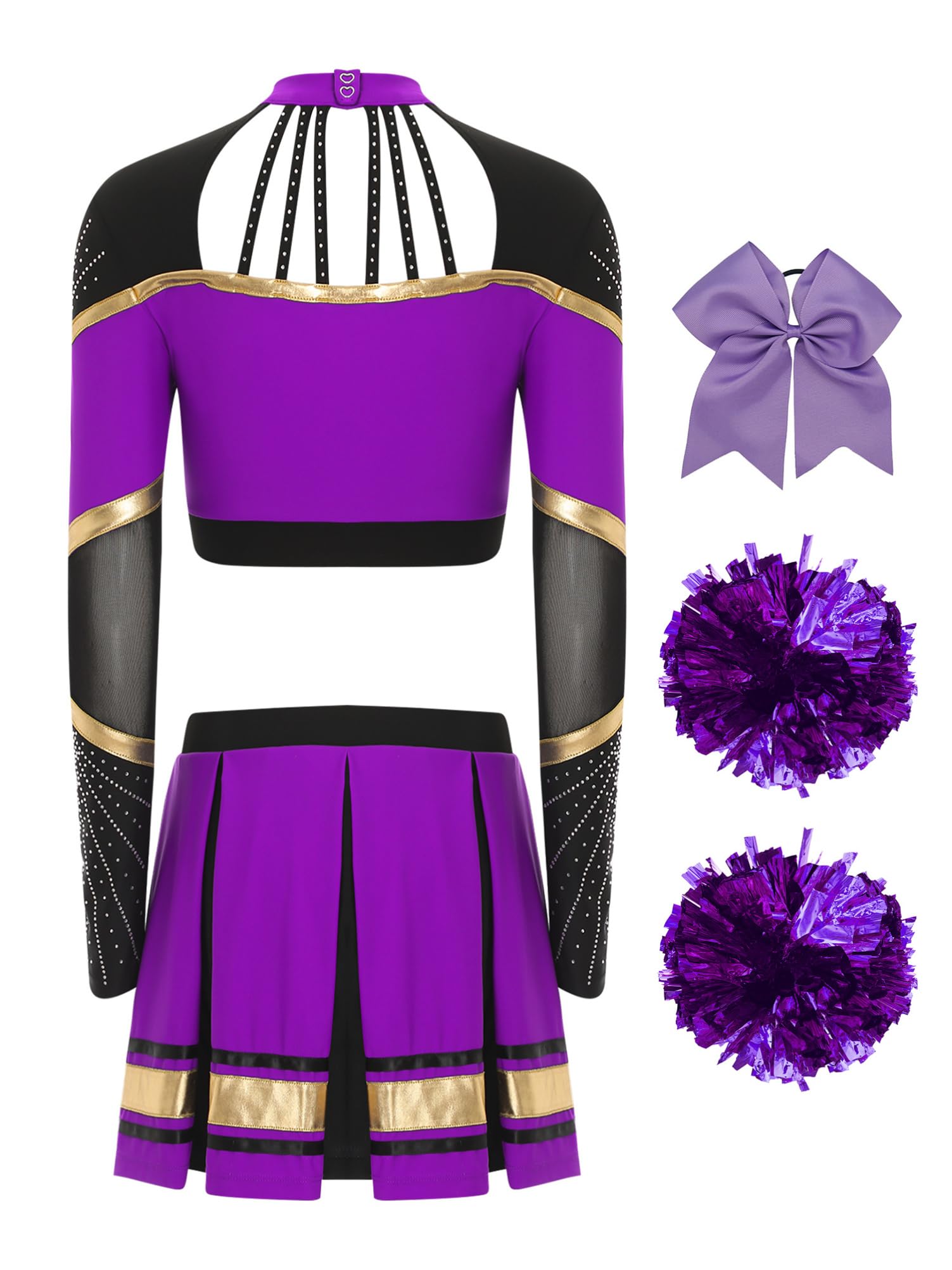Alvivi 5Pcs Cheer Leader Kostüm Damen Langarm Cheerleading Uniform Crop Tops mit Rock Pompoms Socken Haarband Halloween Karneval Fasching Kostüm