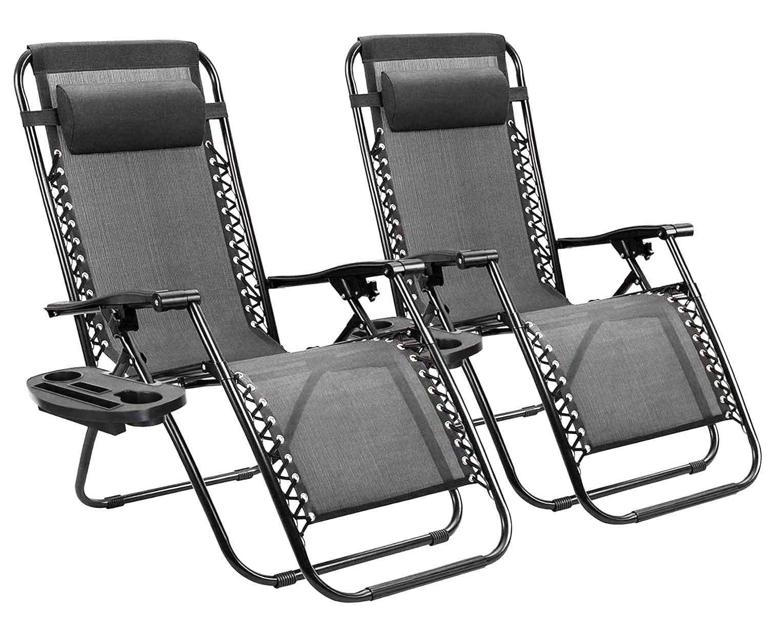VIROSA Zero Gravity Chairs Set of 2, Folding Reclining Garden Chairs, Textoline Outdoor Sun Loungers, Lockable 170° Adjustable Chairs Cup Holder & Headrest Pillow, Steel Frame, 150kg Max Load, Grey
