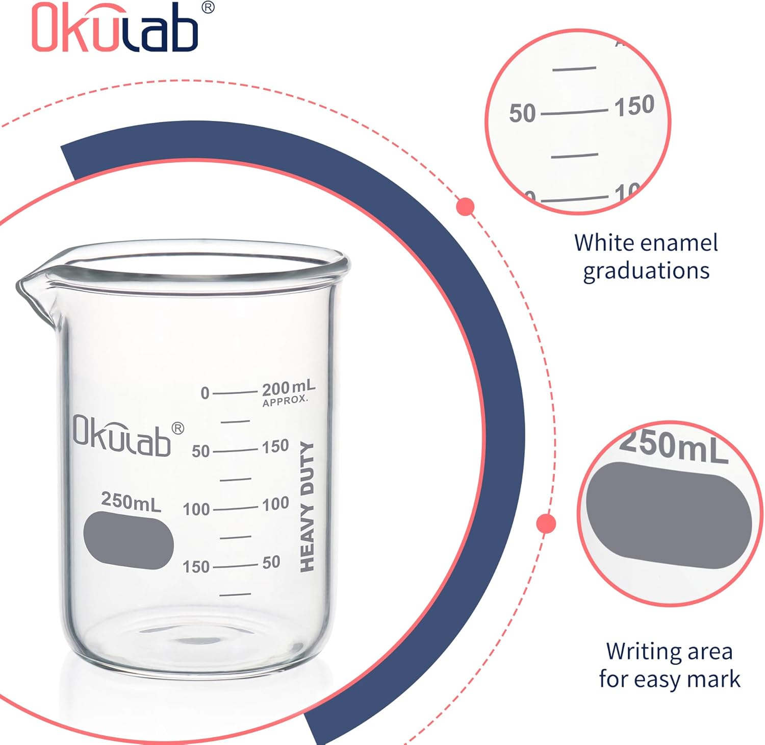 Heavy Duty Glass Beaker Set, Thick-Walled 3.3 Borosilicate Glass Beakers, with Double Scale Printed Graduation, 12pcs of Vol.250ml, HBKG250C12