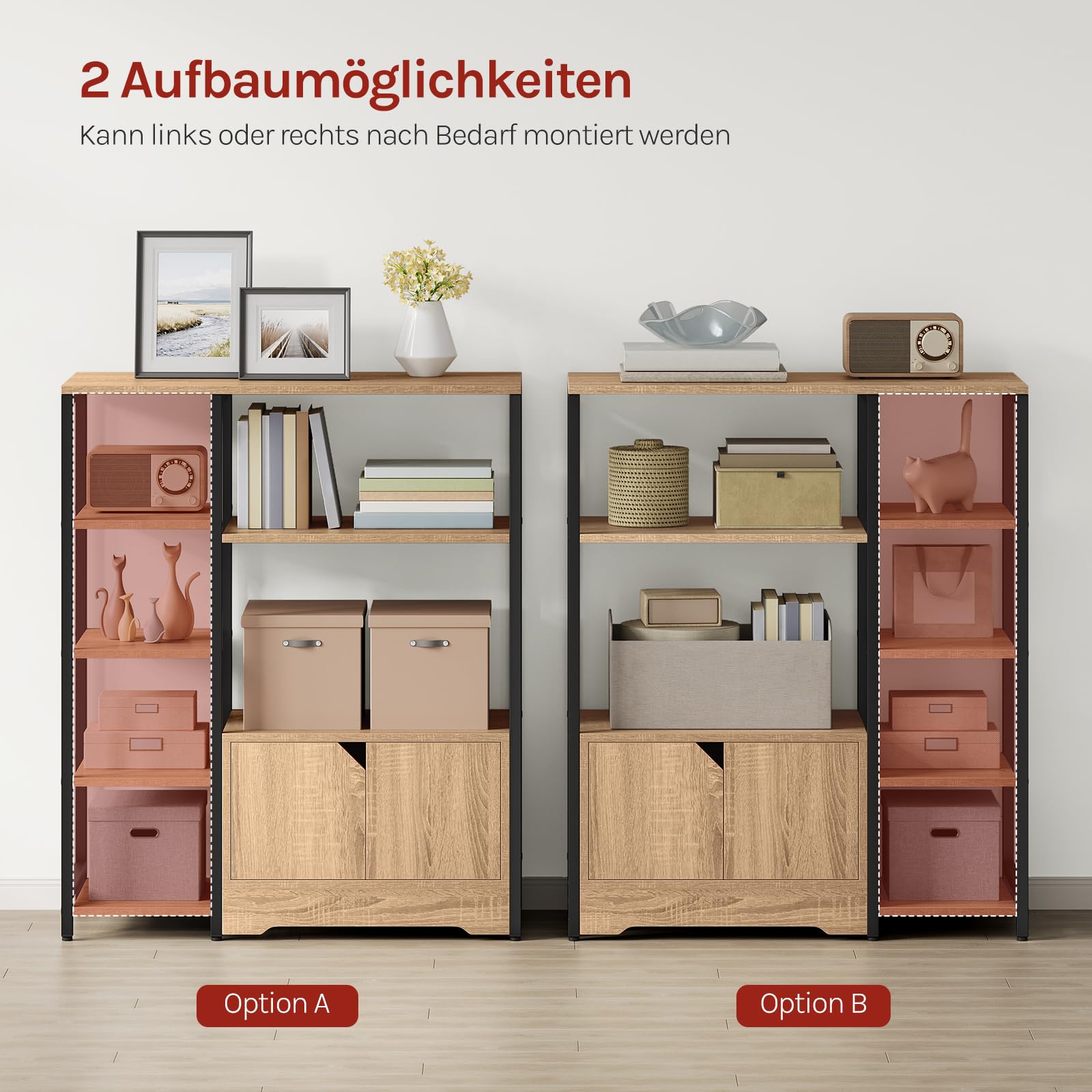 WOLTU Bücherregal, Standregal, Bücherschrank mit Türen, für Wohnzimmer Schlafzimmer Küche, Industrial, Metallrahmen, 80x97x35 cm, schwarz+helle Eiche, RGB08hei