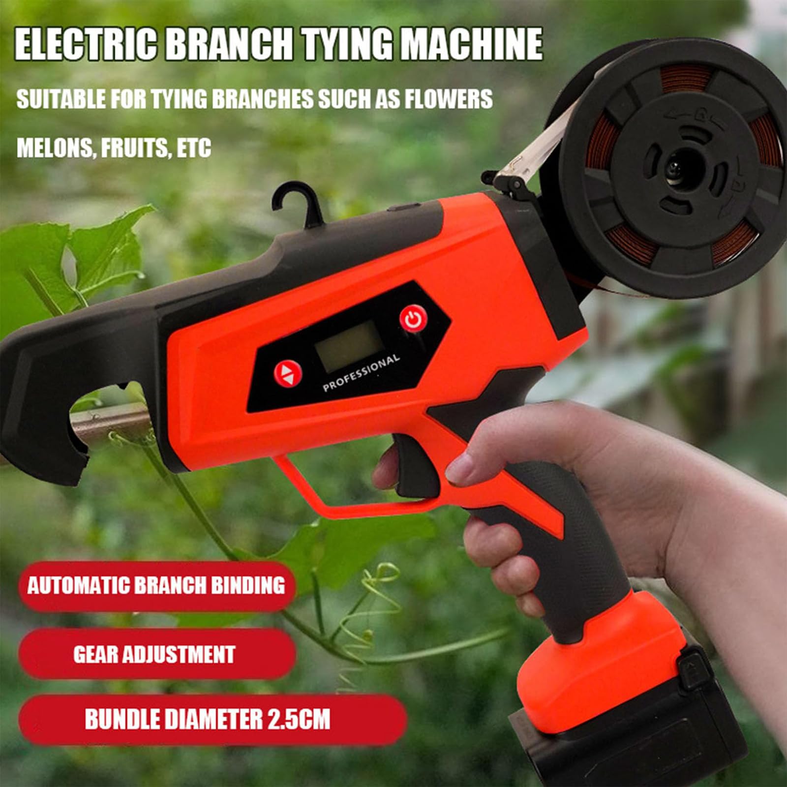 Máquina Atadora Eléctrica, Atadora de Viñas Semi-Automática con Pantalla LED y Engranaje Ajustable, Capacidad 25mm, Herramienta Portátil para Ramas de Uvas, Tomates y Frambuesas