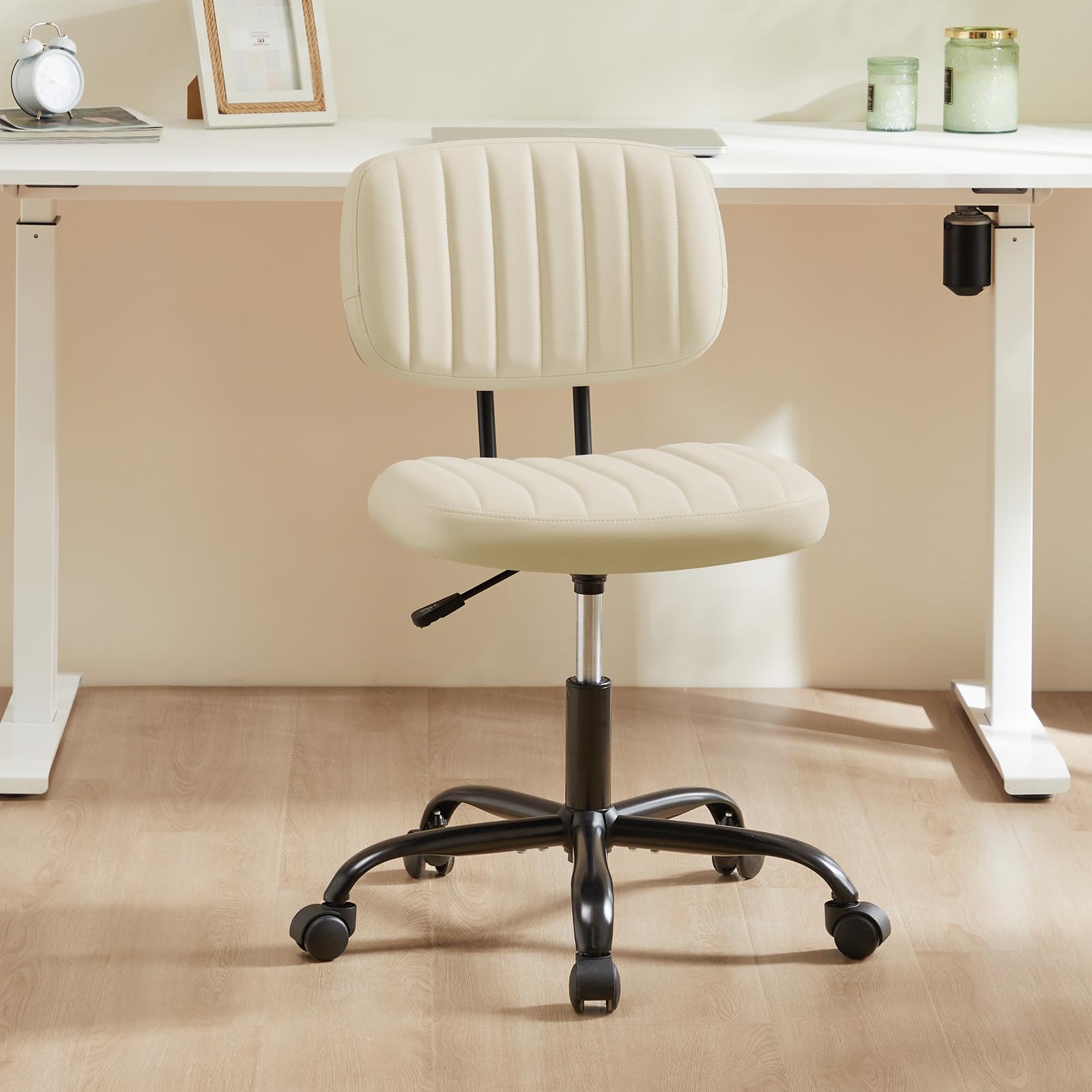 NEWBULIG Armless Small Office Desk Chair with Low Back Lumbar Support, PU Leather Computer Vanity Chair with 360° Swivel Rolling Wheels, Height Adjustable Task Chair for Small Space, Beige