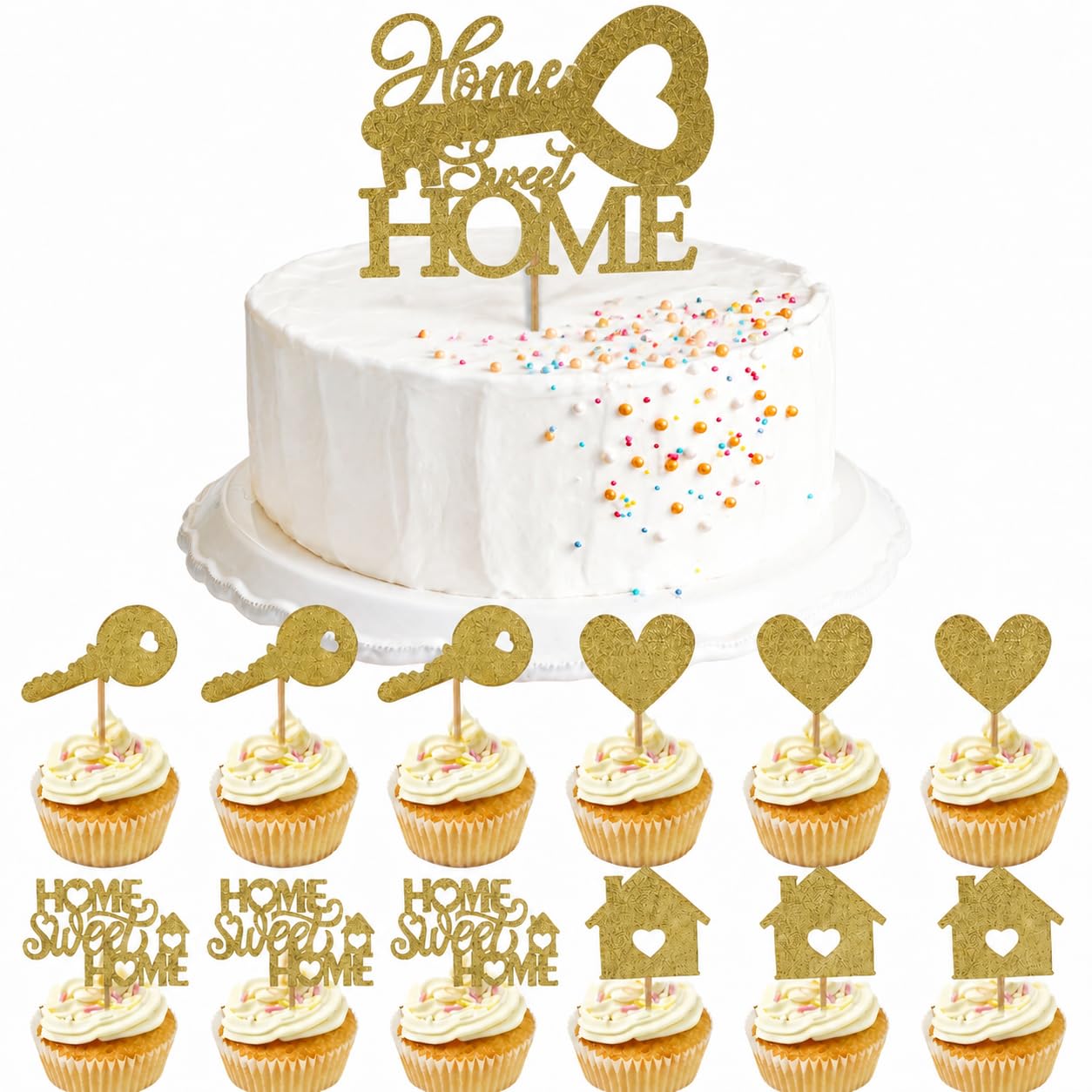 Wasise Welcome Home Cake Topper Set – 13PCS Sweet Home Cupcake Toppers, New House Cake Decorations, House Warming Decorations, Key Tenement Glitter Paper, Birthday Housewarming Theme Party Supplies