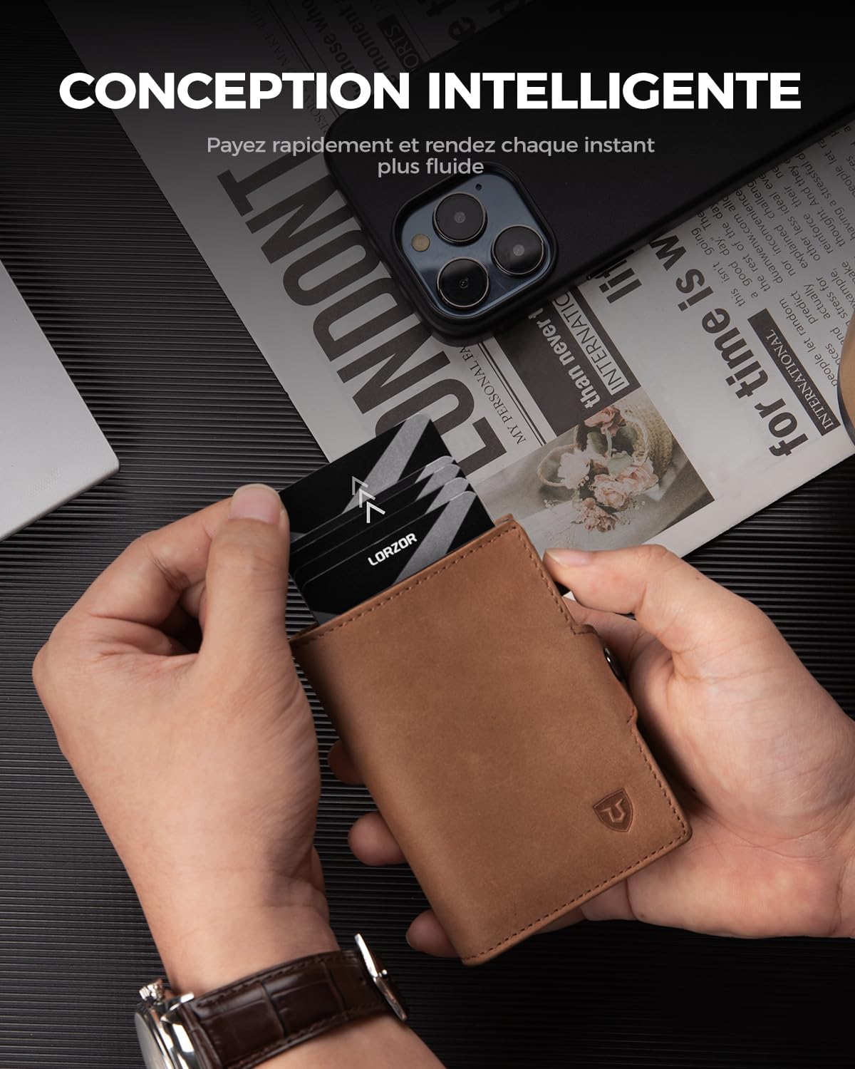 LORZOR® Portefeuille pour Homme en Cuir Véritable, Porte Carte Homme avec RFID, Porte Monnaie pour 10 Cartes, avec Compartiment pour Espèces et Poche à Monnaie