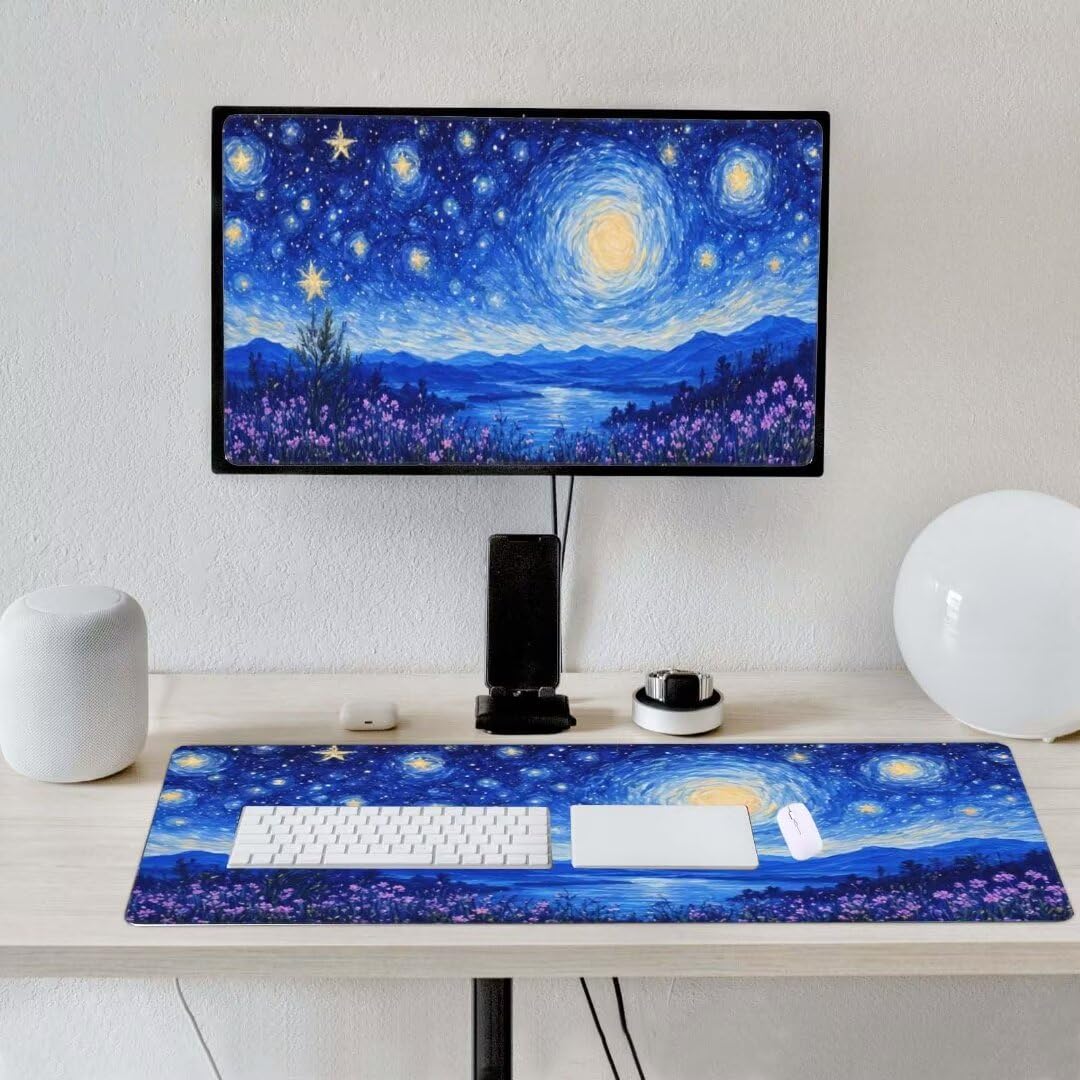 Alfombrilla de ratón 1400x600x3 MM, Alfombrilla Ratón XXL Extendida de Gran Tamaño con Bordes Cosidos, Base de Goma Antideslizante Almohadilla para Teclado, Lavanda de Las Estrellas S-11921