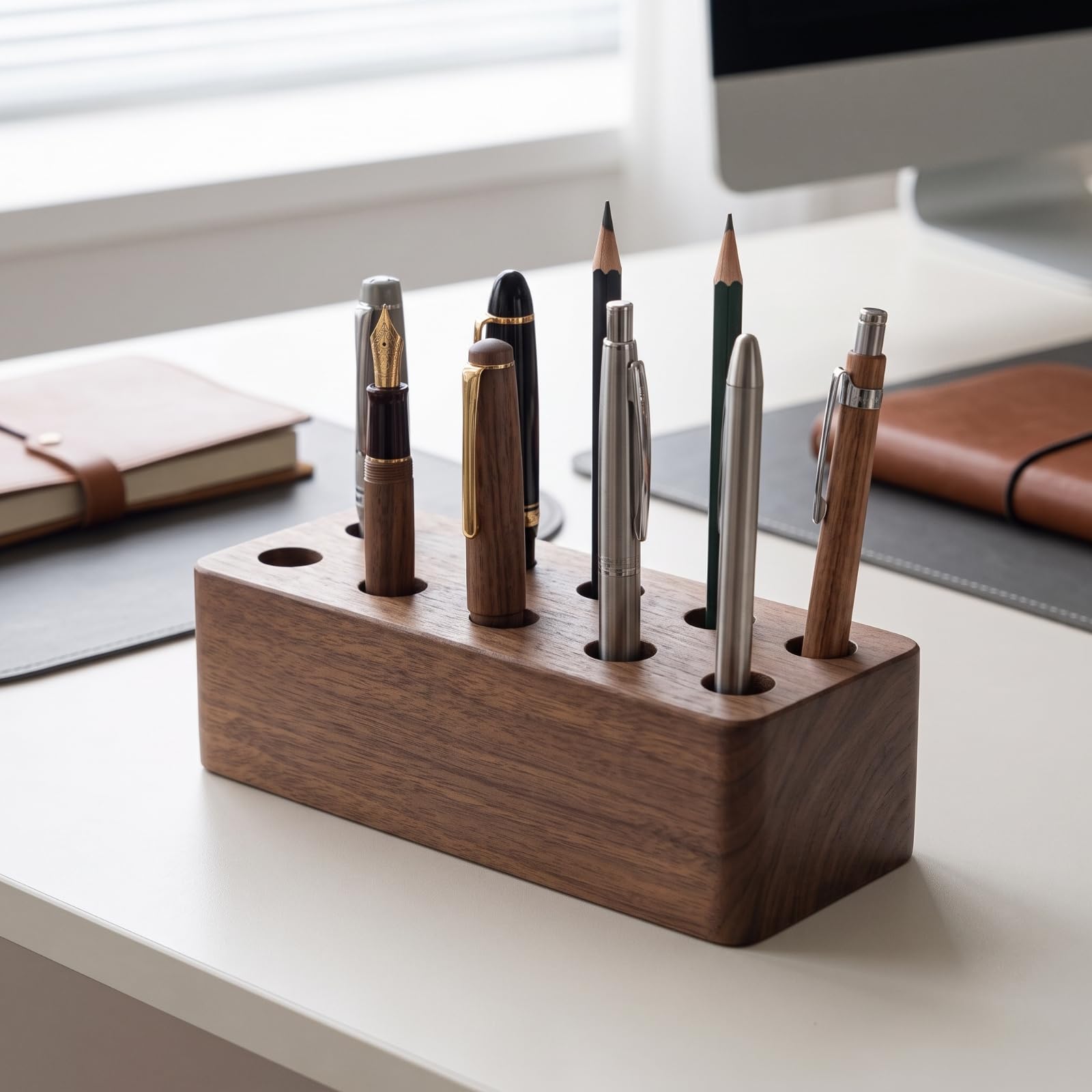 kowaku Portalápices Madera Decorativo | Resistente, portabolígrafos Escritorio, Estable, Organizador, para Oficina, Profesionales, Estudiantes, 10 Orificios