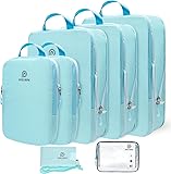 Lightweight Compression Packing Cubes for Suitcases, Compressible Expandable Travel Packing Organizer with Clear Toiletries and Backpack Bag, Travel Essentials for Carry on Luggage 7 Set Blue/White