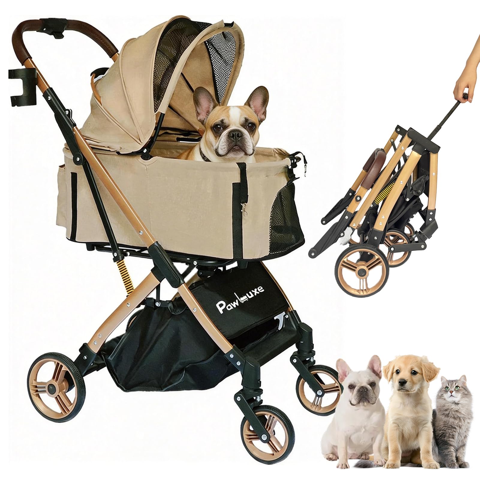 Dog Stroller, 4 in 1 Detachable Carrier & Car Seat, All-Terrain Wheels with Shock Absorption, Dog/Cat Strollers for Small/Medium Pets Up to 44 lbs, Lightweight Portable Foldable,Khaki