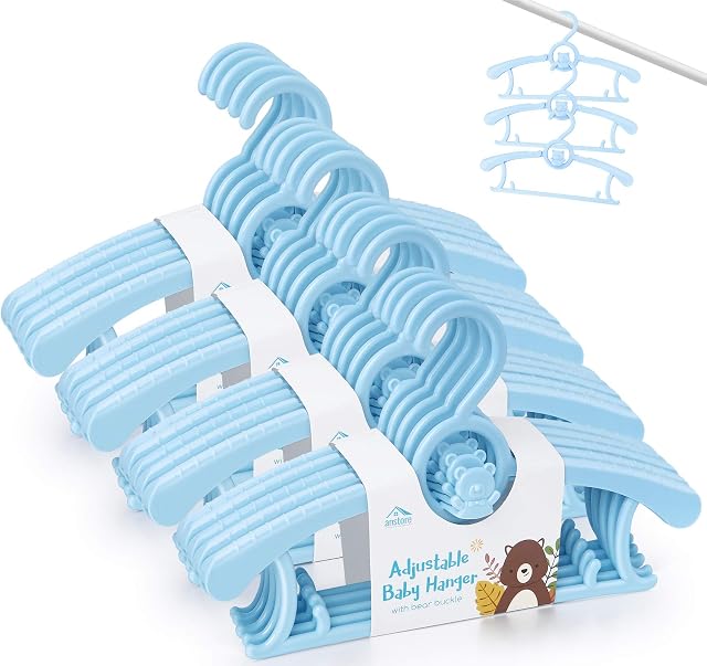 Set of 20 Plastic Nursery Baby Hangers with Space-Saving Stackable Hooks Non-Slip Extendable Hangers for Babies Toddlers Kids Children, Blue