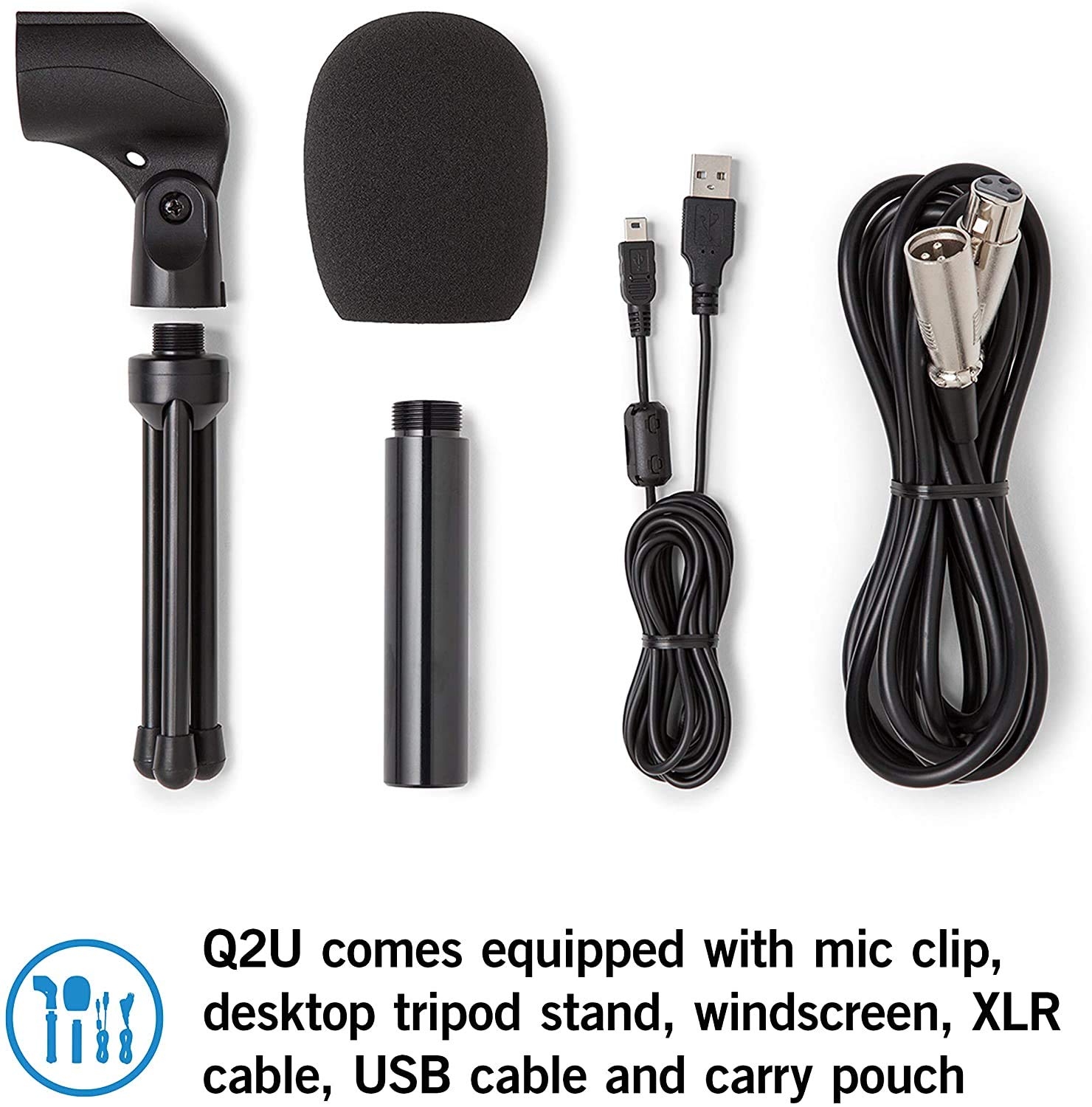 FYH Technologies Q2U Kit d'enregistrement et de baladodiffusion avec microphone dynamique USB/XLR avec clip pour micro, support de bureau, pare-brise et câbles Argenté