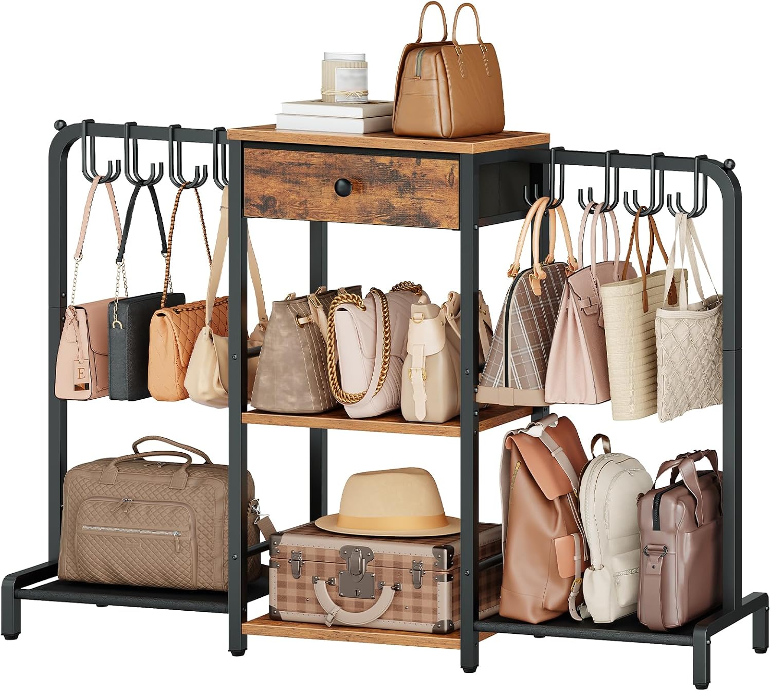 HOOBRO 3-Tier Purse Organizer for Closet, Purse Rack Stand with 8 Movable Hooks, Purse Storage Organizer, Floor-Standing Purse Shelf, High-Capacity Handbag Organizer, Rustic Brown and Black BF97CJ01