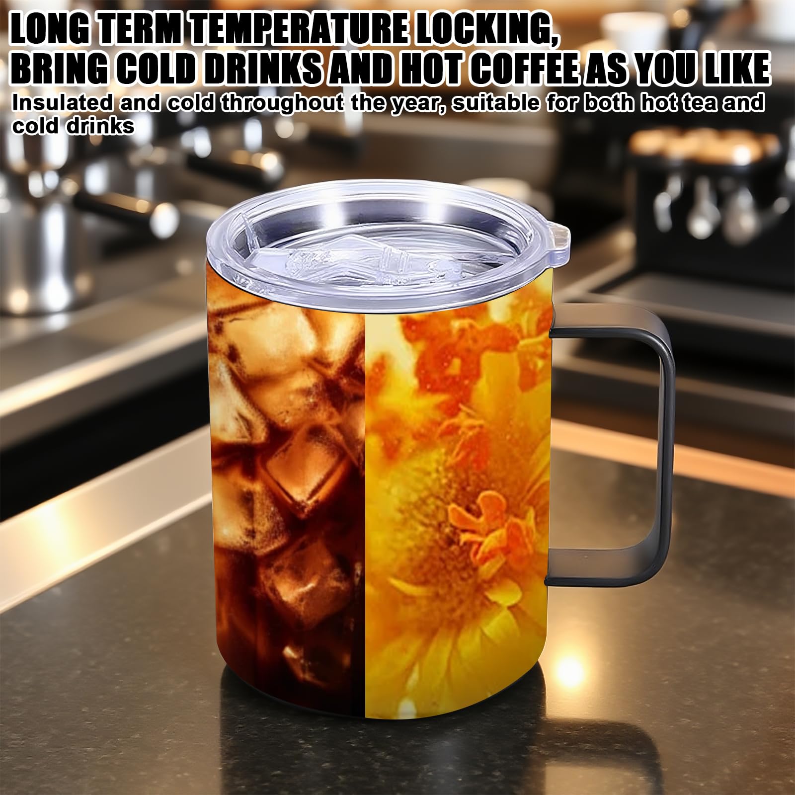 Set di 2 tazze termiche in acciaio inox, 350 ml: tazze da caffè isolate a doppia parete con manico, senza BPA, infrangibili, per campeggio, attività all'aperto, ufficio e viaggi (nero)