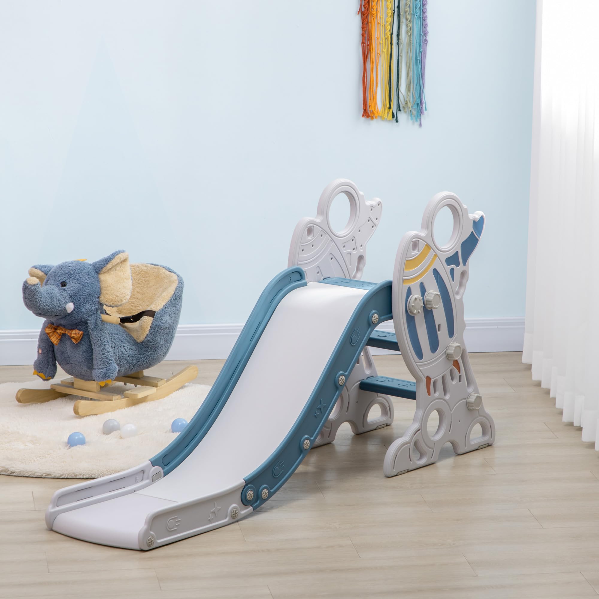 AIYAPLAY Scivolo per Bimbi 18-36 Mesi a Tema Spaziale con Scale Antiscivolo, Scivolo da Interno in PE e PP, 157x46.5x80 cm, Blu e Bianco