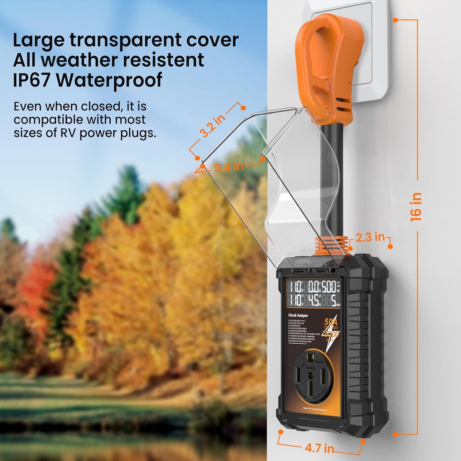 RV Surge Protector 50 Amp, 16000 Joules Surge Guard Protection with Waterproof Cover, Automatic Over/Under Voltage & Temperature Shutoff, 6 in 1 LED Display for Travel Trailers