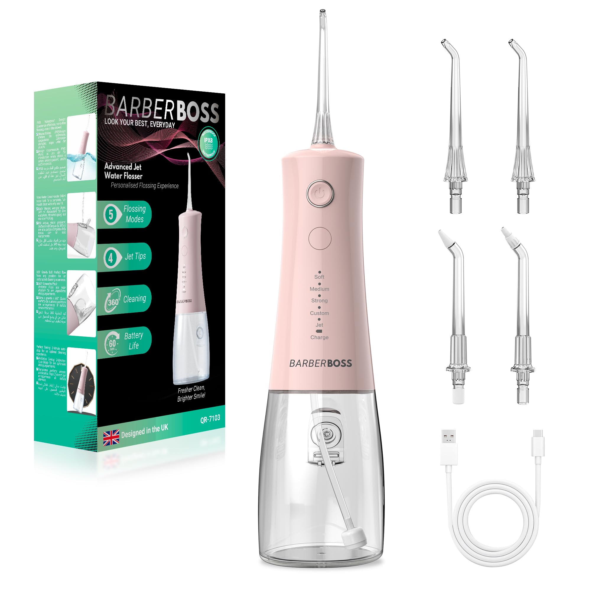 BarberBoss Irrigador Dental, hilo dental eléctrico, 5 niveles presión, 340 ml resistente agua IPX8, irrigador bucal portátil para el cuidado las encías, QR-7103 (Rosa Pastel)