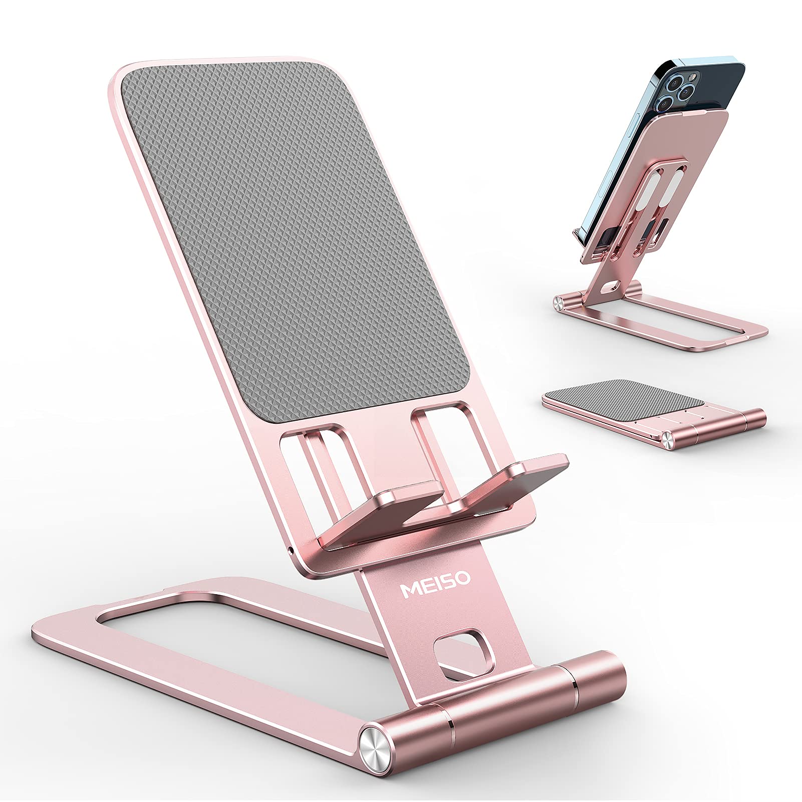 MEISO Foldable Aluminum Desktop Phone Stand, Portable Phone Stand, Adjustable Height Phone Holder, Cellphone Cradle Compatible with iPhone Pro/Max/Mini, Samsung Galaxy, Pixel Smartphone (Rose Gold)