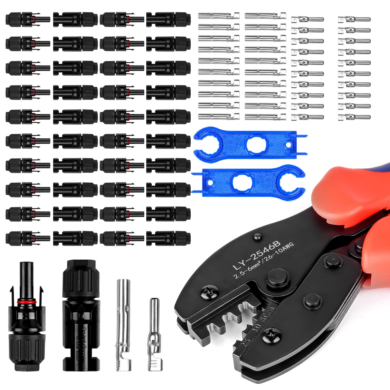 SZ-KARIDGEUpgrade 20 Pairs Solar Plug Crimping Tool Set for 2.5/4/6 mm² Solar Panel P-V Cable Male/Female Photovoltaic Solar Panel Plug Connector, PV Plug with Wrench 43 Pieces