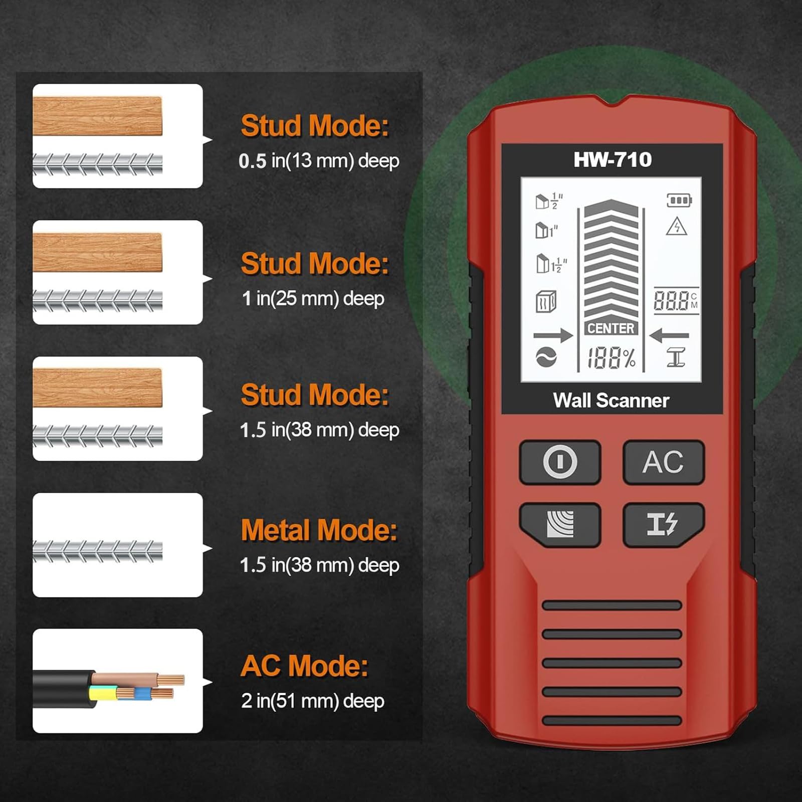 Detector de Pared 5 en 1, Escáner de Pared Multifuncional con Pantalla LCD y Advertencia de Sonido, Portable Detector Cables y Tuberias, Detector de Pared, Handheld Metal & Wall Detector para Líneas