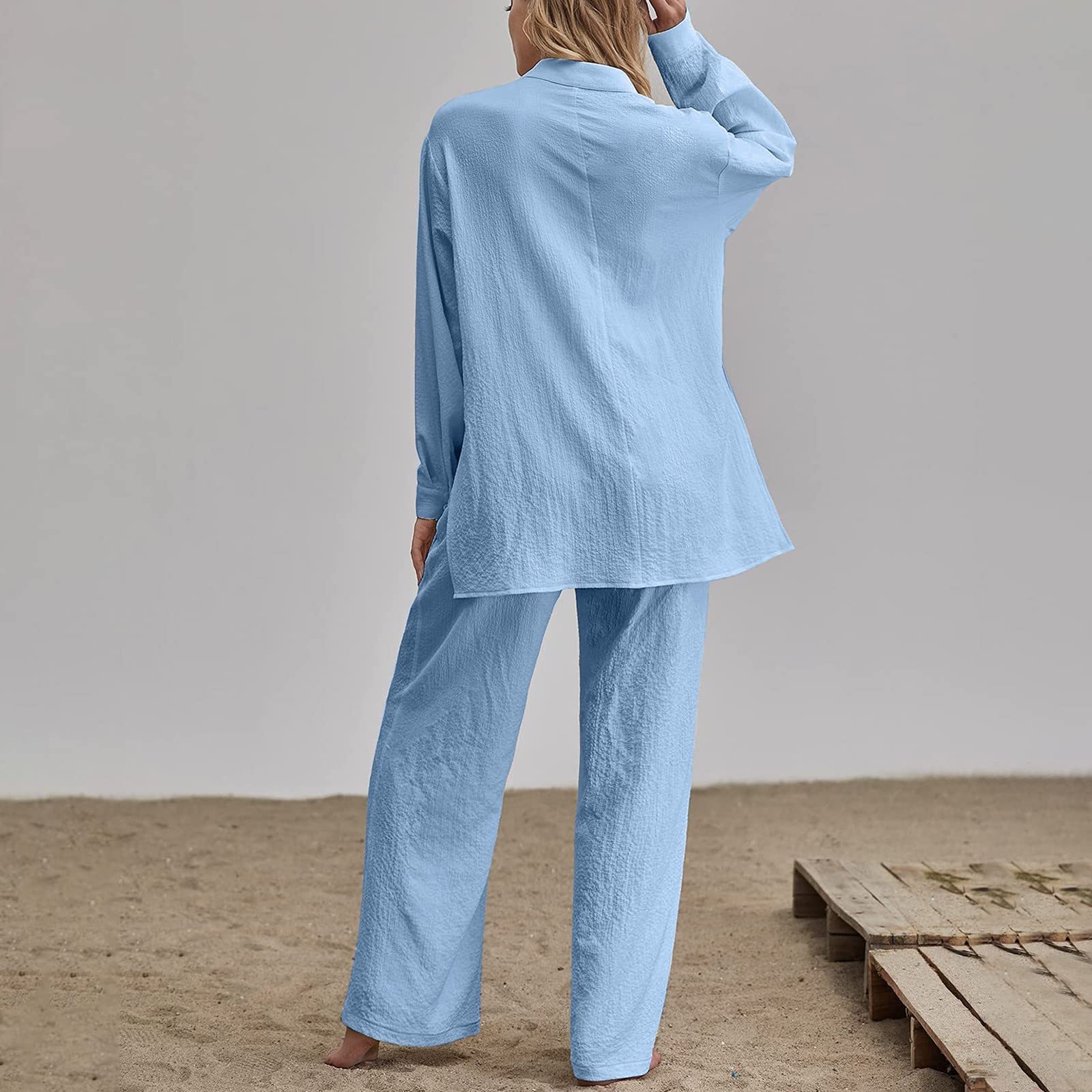 Damen Zweiteiler Baumwoll-Leinen mit Retro-Design hoher Taille als langärmeliges Top mit passender Hose