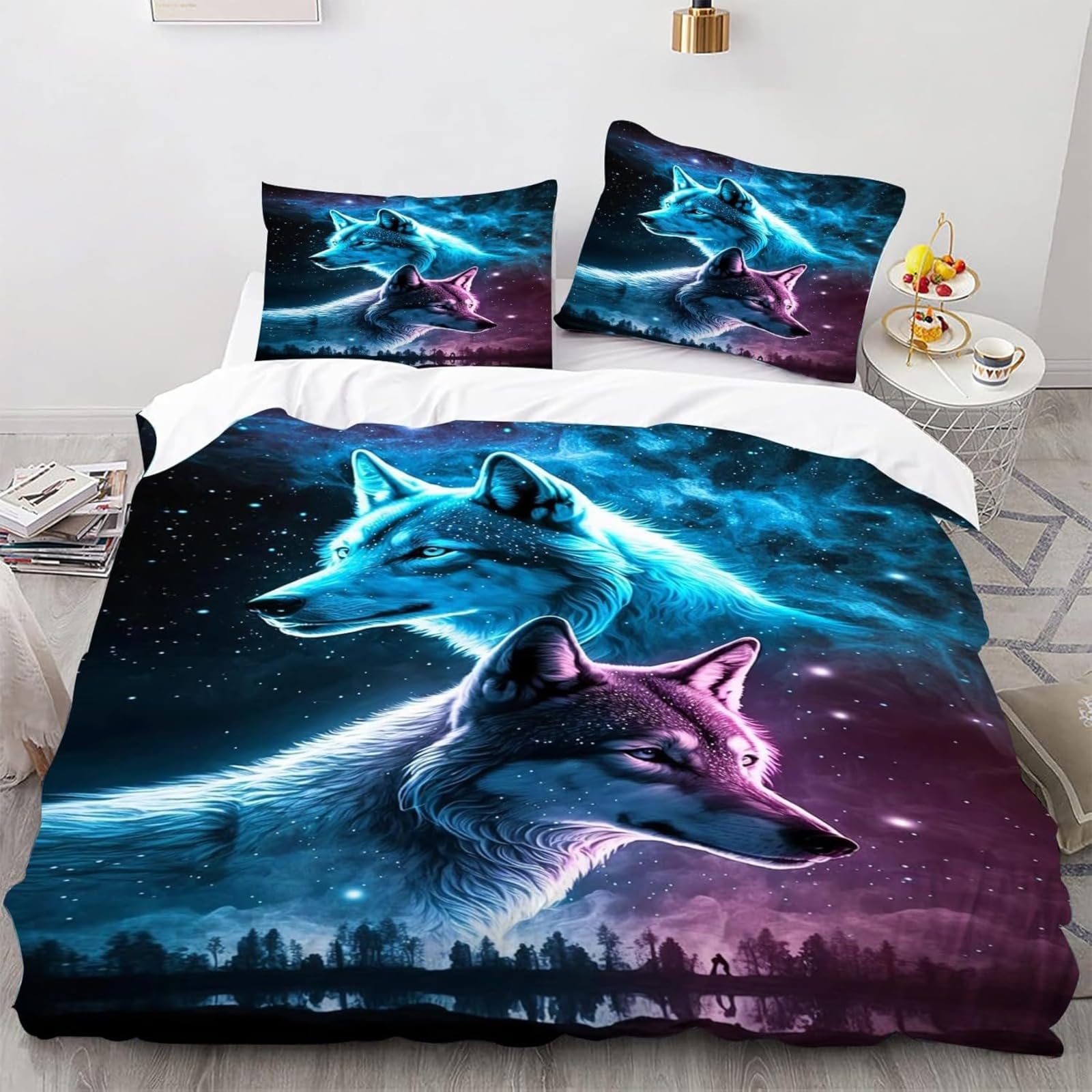Fgolphd Wolf Bed Linen Set, Two Wolves Under Starry Sky Print Duvet Cover for Kids & Teenagers, with Zipper Closure Single