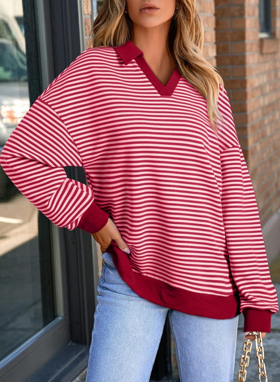 AlvaQ Womens Oversized Sweatshirts Casual Striped Long Sleeve Shirts Color Block Lapel V Neck Drop Shoulder Loose Tunic Tops - Image 3
