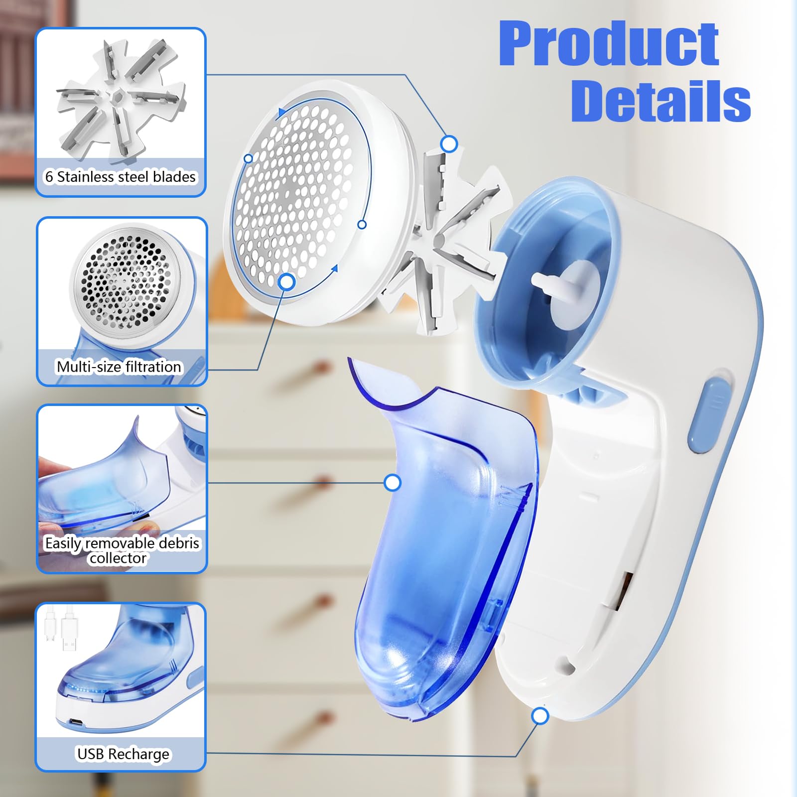 Levapelucchi Elettrico Portatile - Ricarica USB, Potente E Con 2 Lame Di Ricambio Per Vestiti E Tessuti