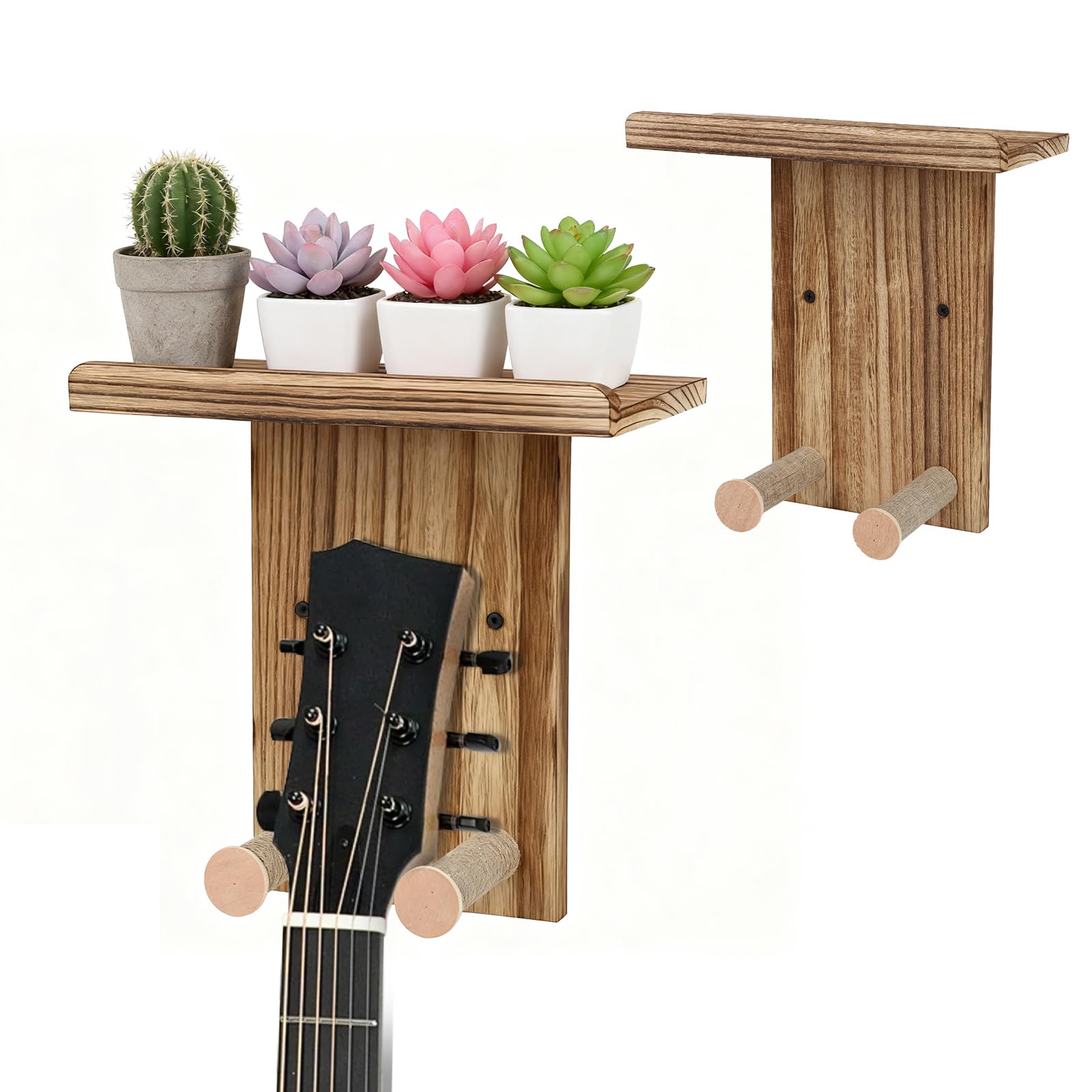 BestYiJo 2 soportes de pared para guitarras de madera, con estante y soporte para púas - Ajustable para acústica, guitarra eléctrica, bajo y ukelele - Juego de soportes para guitarra de madera maciza