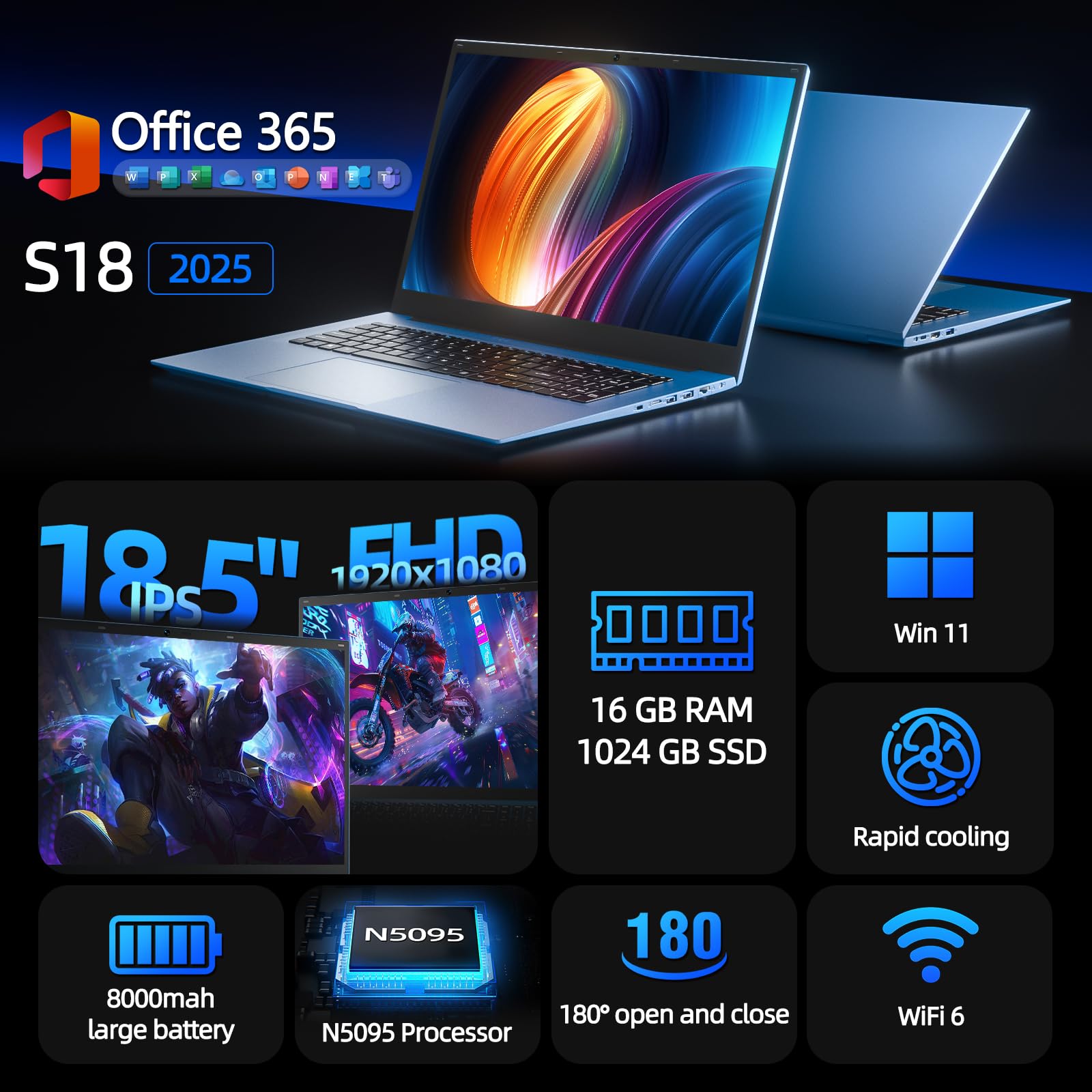 Naclud Laptop, 18.5 Inch Laptops with 16GB RAM 1024GB SSD Ordinateur Portable, 1 Year Office 365, Celeron Quad-Core, Windows 11 Pro, Type-C, HDMI, 180° Viewing, 8000mAh, WiFi 6, USB3.2 * 3(Gray) — view 2