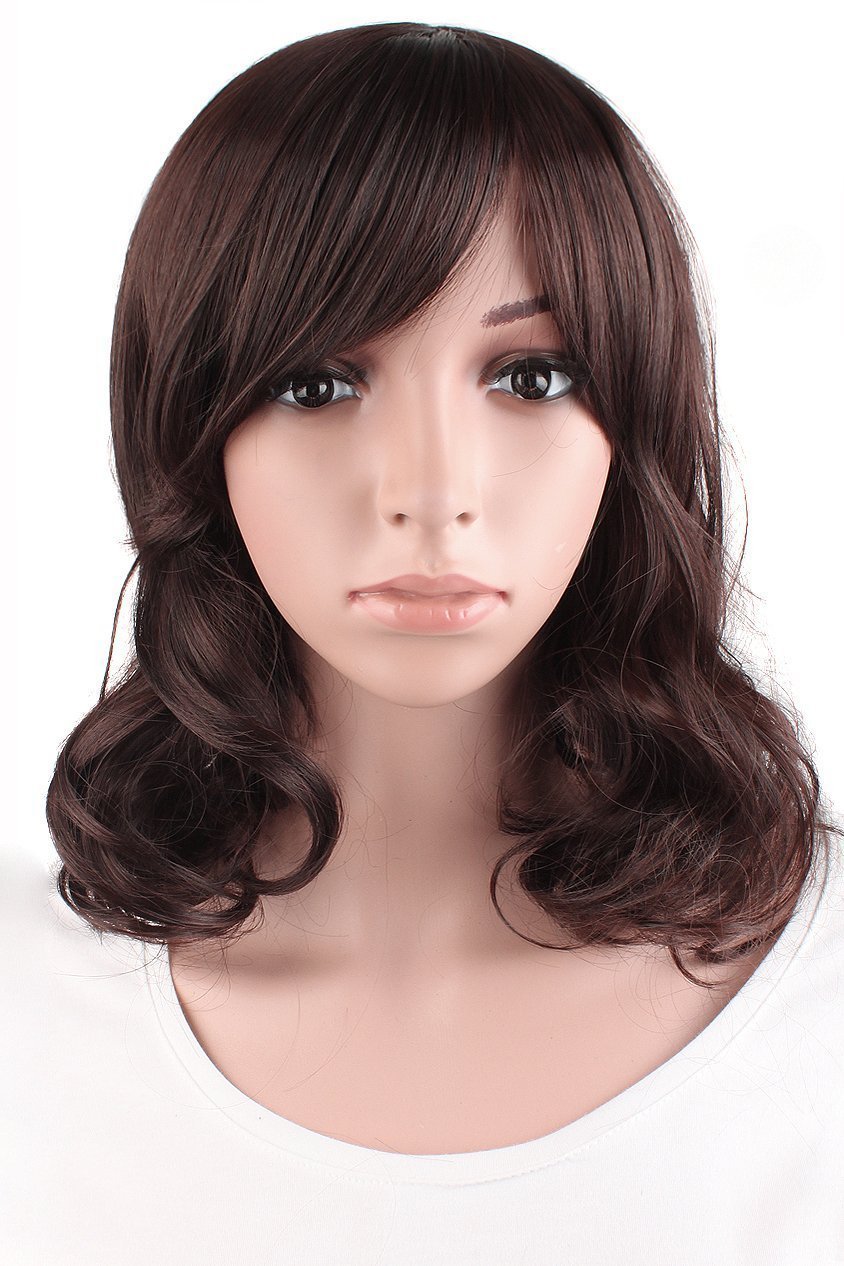 16 Inch/ 40 cm Daily Use Side Bangs Medium Curly Wig (Dark Brown)