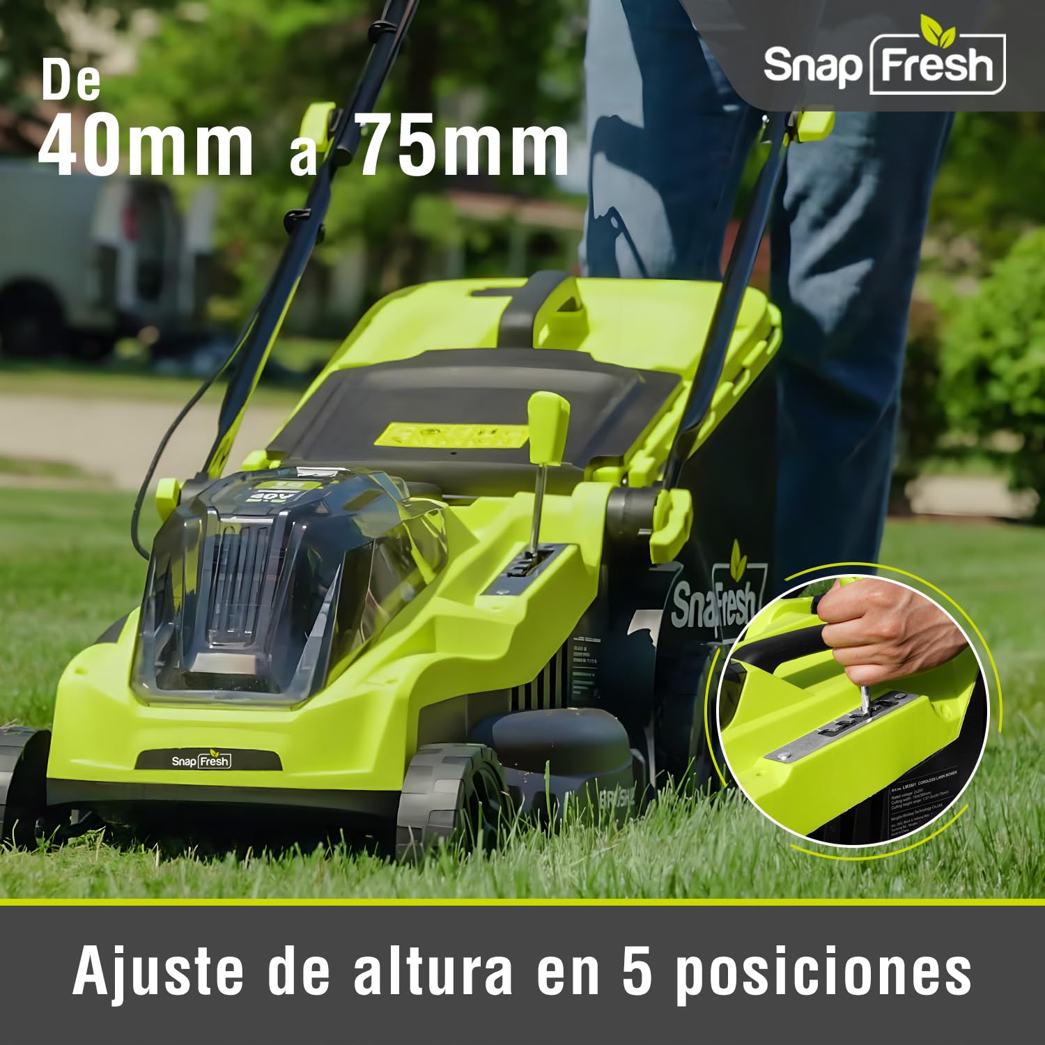 SnapFresh Cortacésped a batería inalámbrico (40V, 38cm Ancho de Corte, Brushless, 45L Bolsa recolectora, 25-75 mm Altura de Corte, con 2 x 20V x 4,0 Ah batería y Cargador)