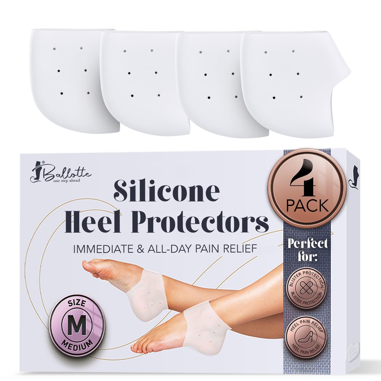 Ballotte Premium Silicone Heel Protectors for Shoes, Gel Heel Cups & Cushion Inserts for Women & Men, Cushioned Sole Cups for Plantar Fasciitis for Cracked Footbed Relief & Blister Prevention