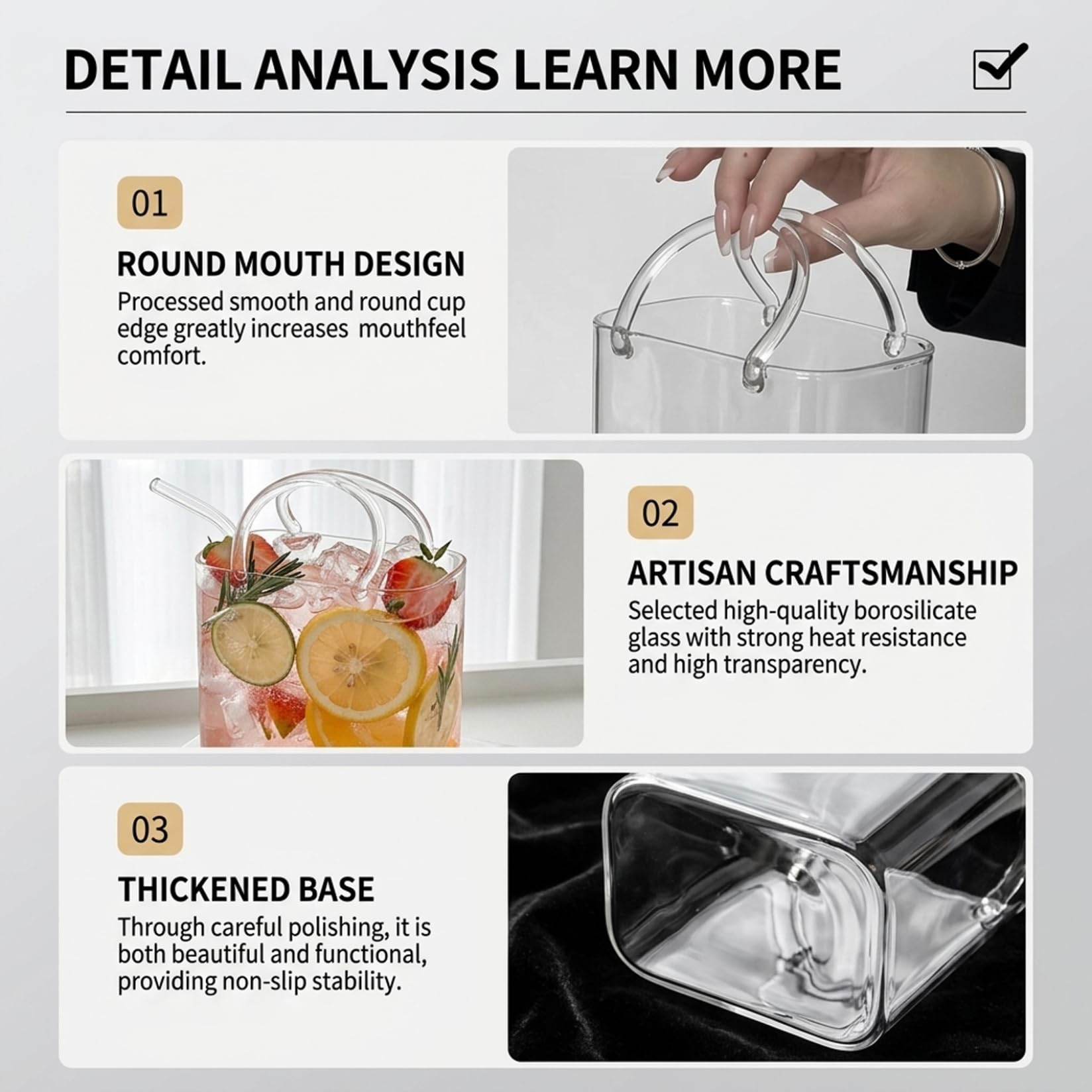 Bolso de Cristal para Bebidas 4 Vasos únicos con pajitas Bonito Bolso de cóctel con diseño de Vasos para zumos cócteles sin Alcohol y Fiestas.
