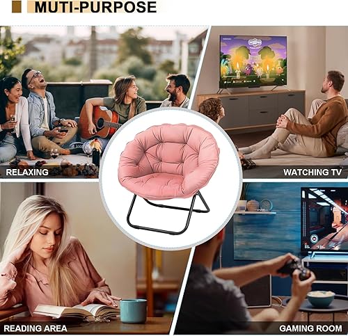 Miniatura 7 de Grezone Folding Saucer Chair, Lazy Moon Chair with Metal Frame, Comfy Bedroom Chairs for Bedroom, Living Room, Study Pink JC