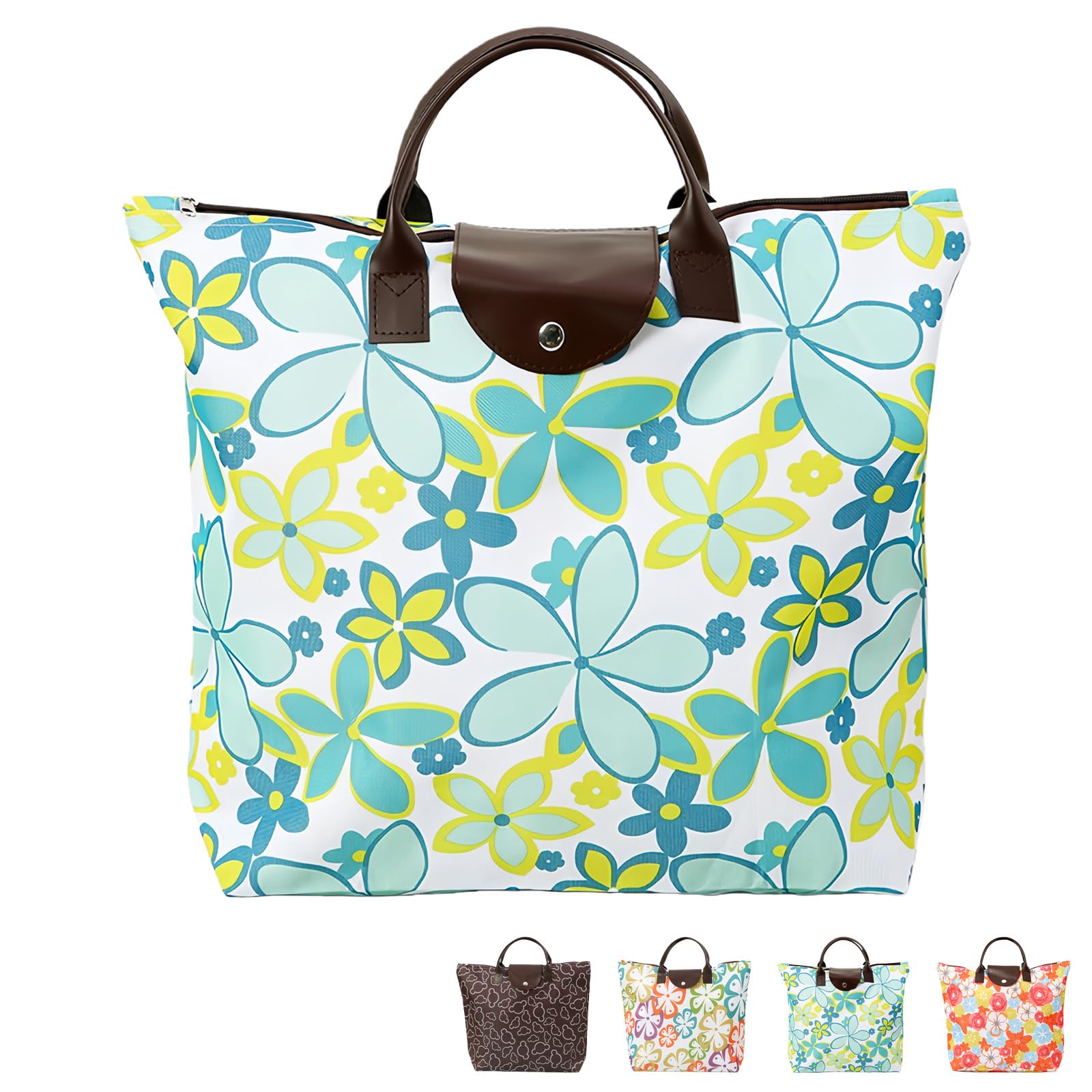 NIFTYY Foldable Zipper Tote Bag for Women – Waterproof Reusable Shopping Bag, Portable Travel Beach Gym Bag with Pocket, Compact Foldable Handbag for Grocery, Travel, Holiday, Pool (green)