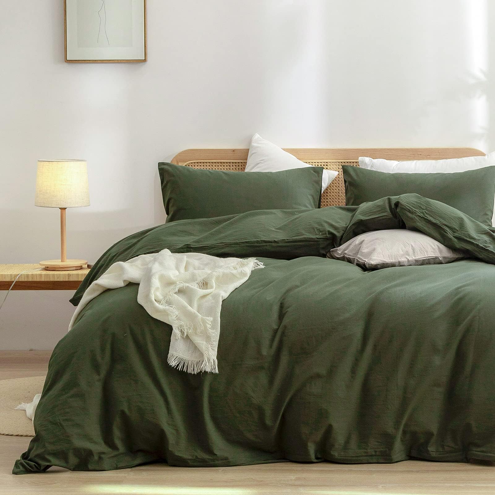 BESTOUCH Cotton Solid Duvet Cover Set Linen Feel Olive Green Oversized Full