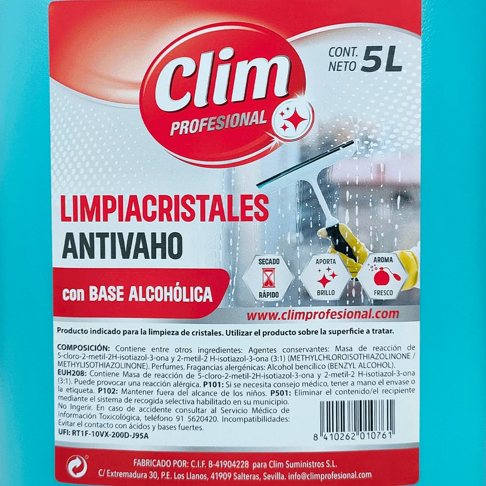 Clim Profesional Liquido LimpiaCristales 3x5 Litros | De secado rápido antivaho. Para todo tipo de superficies de vidrio, cristal o espejo.