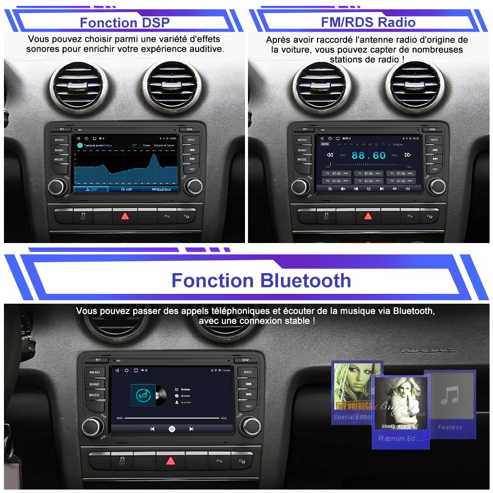 AWESAFE Autoradio Android 15 pour Audi A3 S3 RS3 8P (2003-2012), 2Go+64Go 7 Pouces Écran Tactile,CarPlay & Android Auto, GPS WiFi Bluetooth FM RDS USB Commandes au Volant