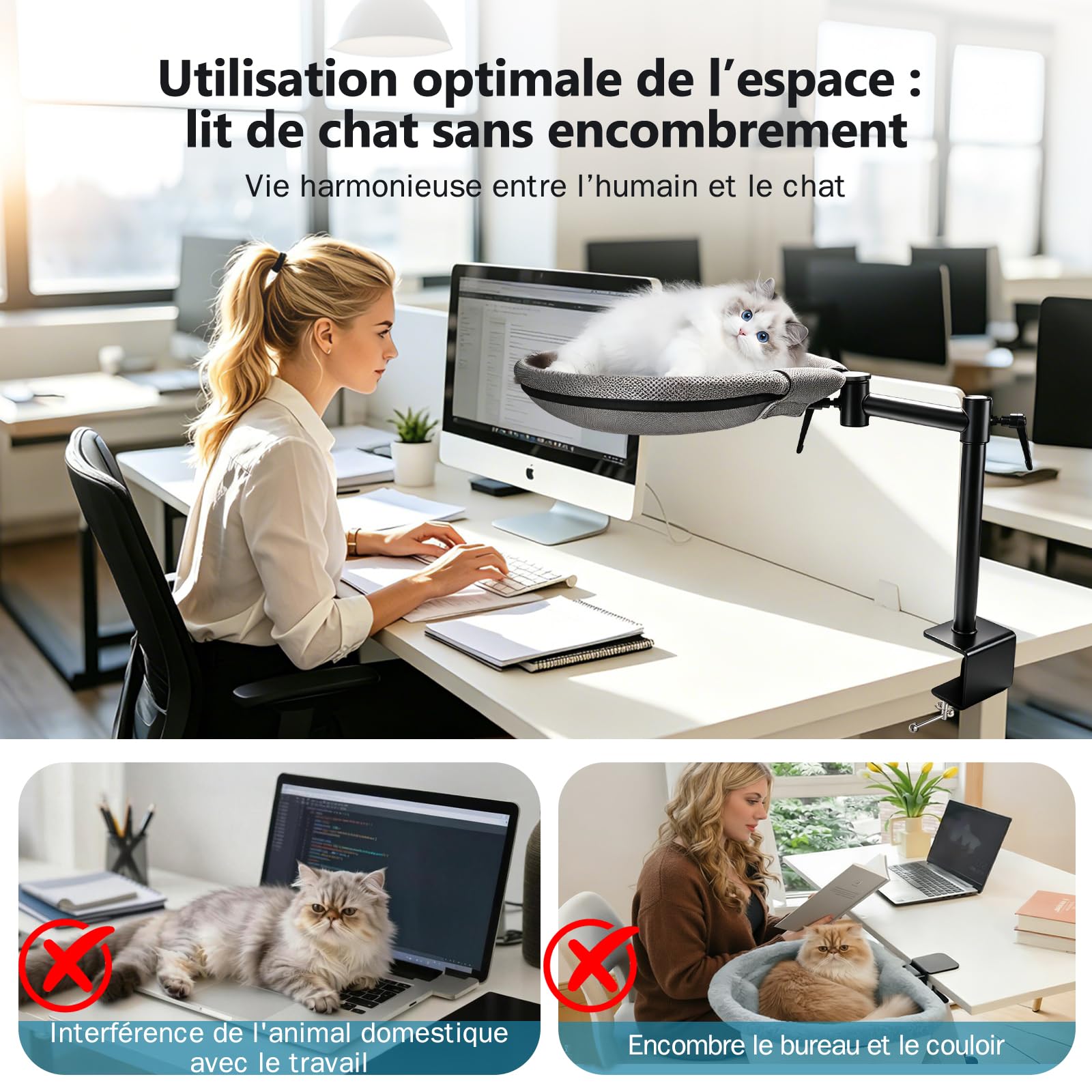 Panier Chat Bureau Réglable en Hauteur | Lit de Bureau pour Chat Rotation de 360° Lit pour Chat avec 2 Housses en Filet Amovibles Hamac pour Bureau Jusqu'à 20KG, Gris