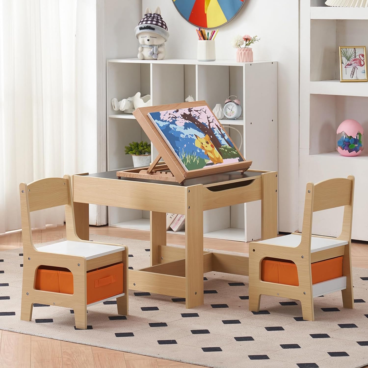 Karl home 3 in 1 Toddler Table and Chair Set, Activity Table with Storage, Wood Kids Desk Chair for Kids 1-3 Years Old, Craft Table, Playroom, Living Room, Natural Wood