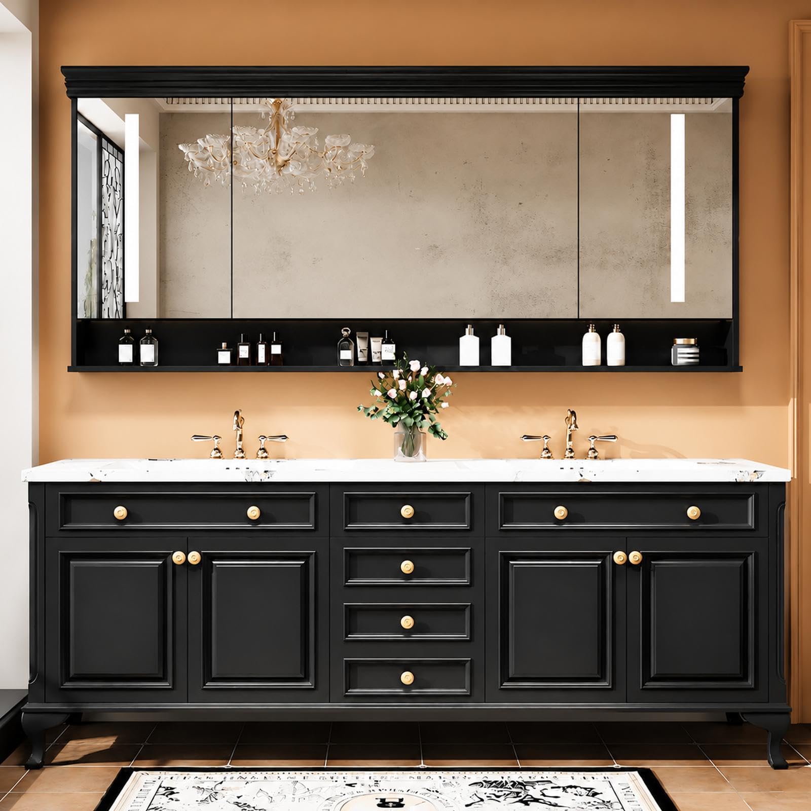 Mueble de baño independiente de 167.6 cm con doble lavabo, madera maciza con parte superior de piedra sinterizada, espejo LED, estante abierto y cajones de cierre suave, elegante diseño clásico