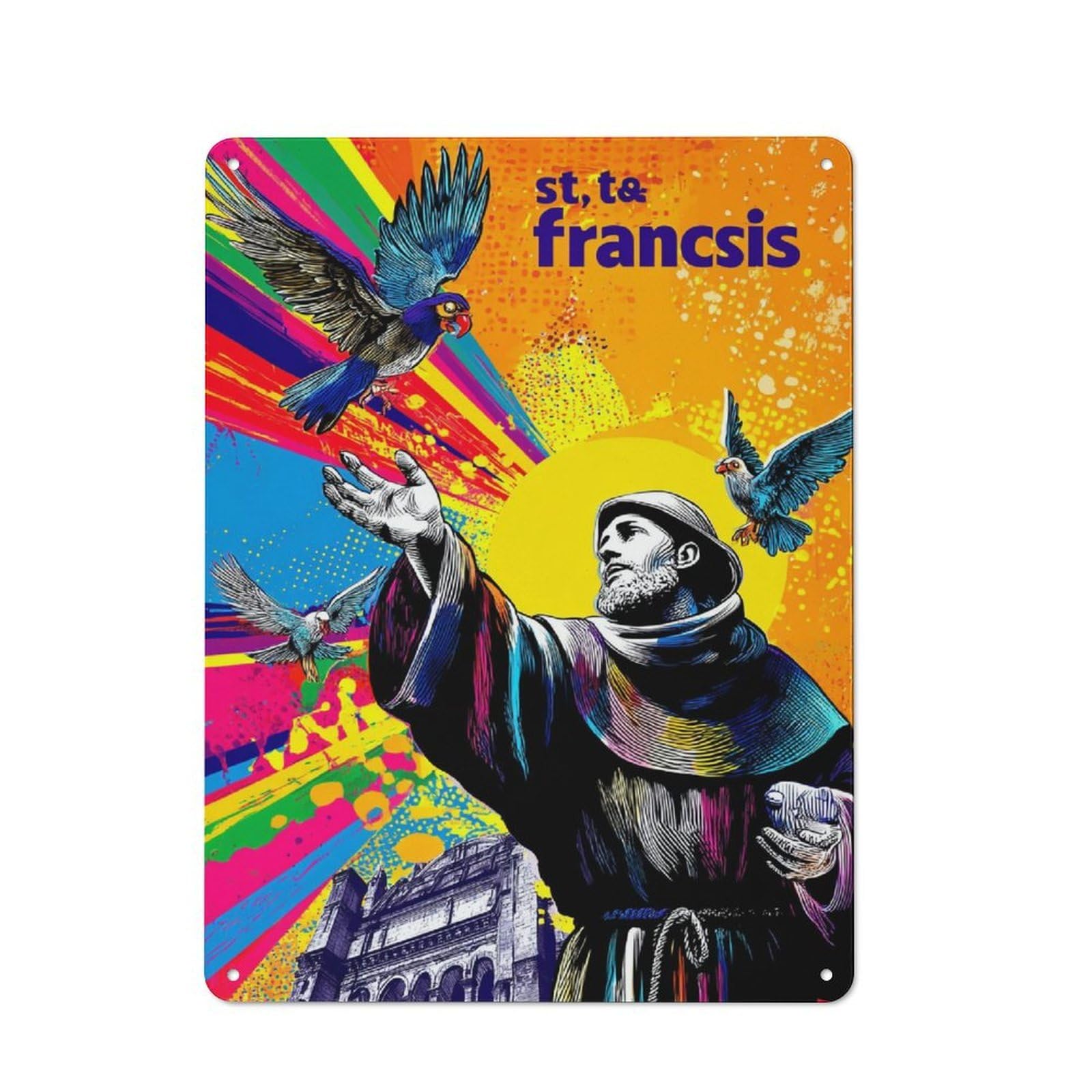 Junmoney Saint Francis A Colorful Tribute -2 Retro Metal Sign 40X30cm For Living Room Or Hallway, For Updating Living Room And Hallway After Moving