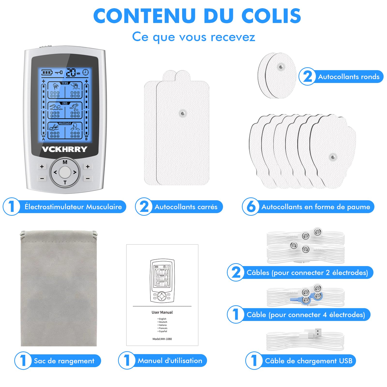 3 EN 1 TENS EMS Électrostimulateur Musculaire pour le soulagement de la douleur, la stimulation musculaire, avec 2 Canaux Indépendant, 36 Programmes de Massage, 10 électrodes