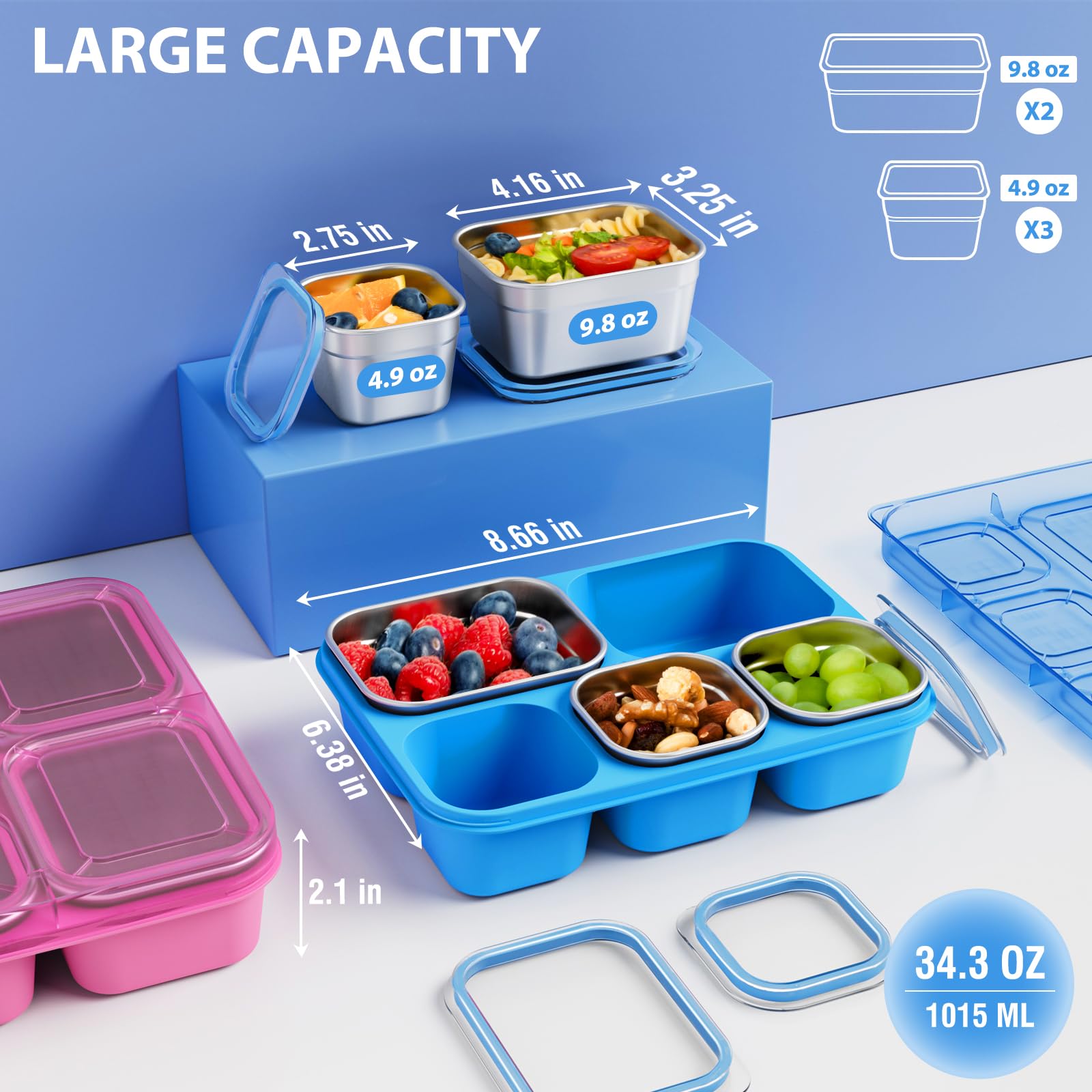 Freshmage Contenitori per snack in acciaio inox, confezione da 2, senza BPA, con 5 scomparti, riutilizzabili, per scuola, lavoro e viaggi, lavabili in lavastoviglie (blu)