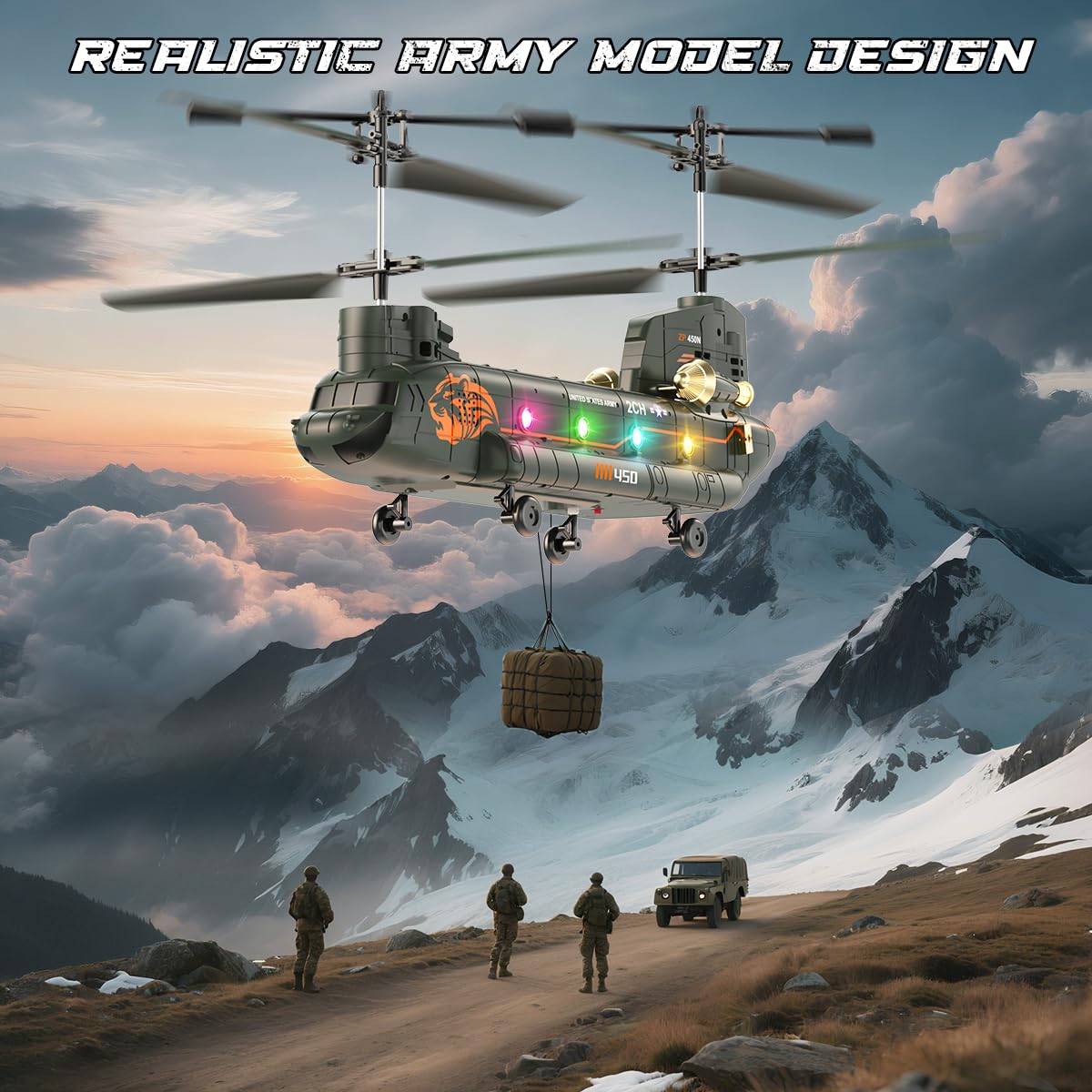 VATOS Ferngesteuerte Helikopter mit 2 Akkus, 2.4GHz Transport Hubschrauber Ferngesteuert mit Höhenhaltung, EIN-Tasten-Start/Landung, LED Licht, RC Helikopter Spielzeug für Kinder und Militär Fans