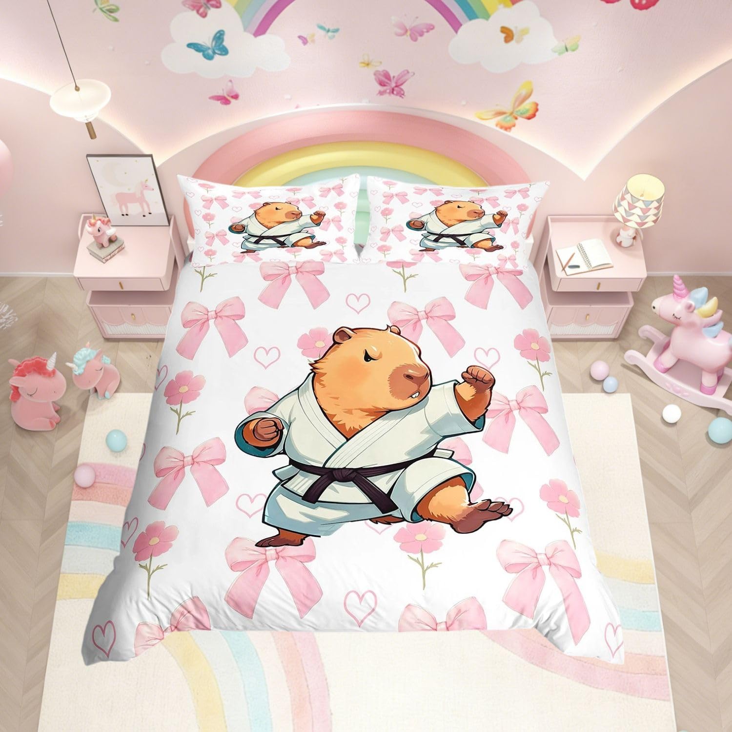 Homewish Karate Capybara Super King Duvet Cover Cute Pink Bow Bedding - Cartoon Capybara Animal Quilt Cover for Kids Girls Teens - Kawaii Bowknot Floral Bed Set with Pink Reverse - 2 Pillowcases