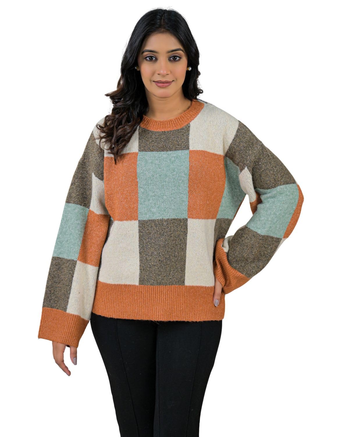 Womens Classic Block Design Round Neck Knit Pullover Long Sleeve Sweater-image-37