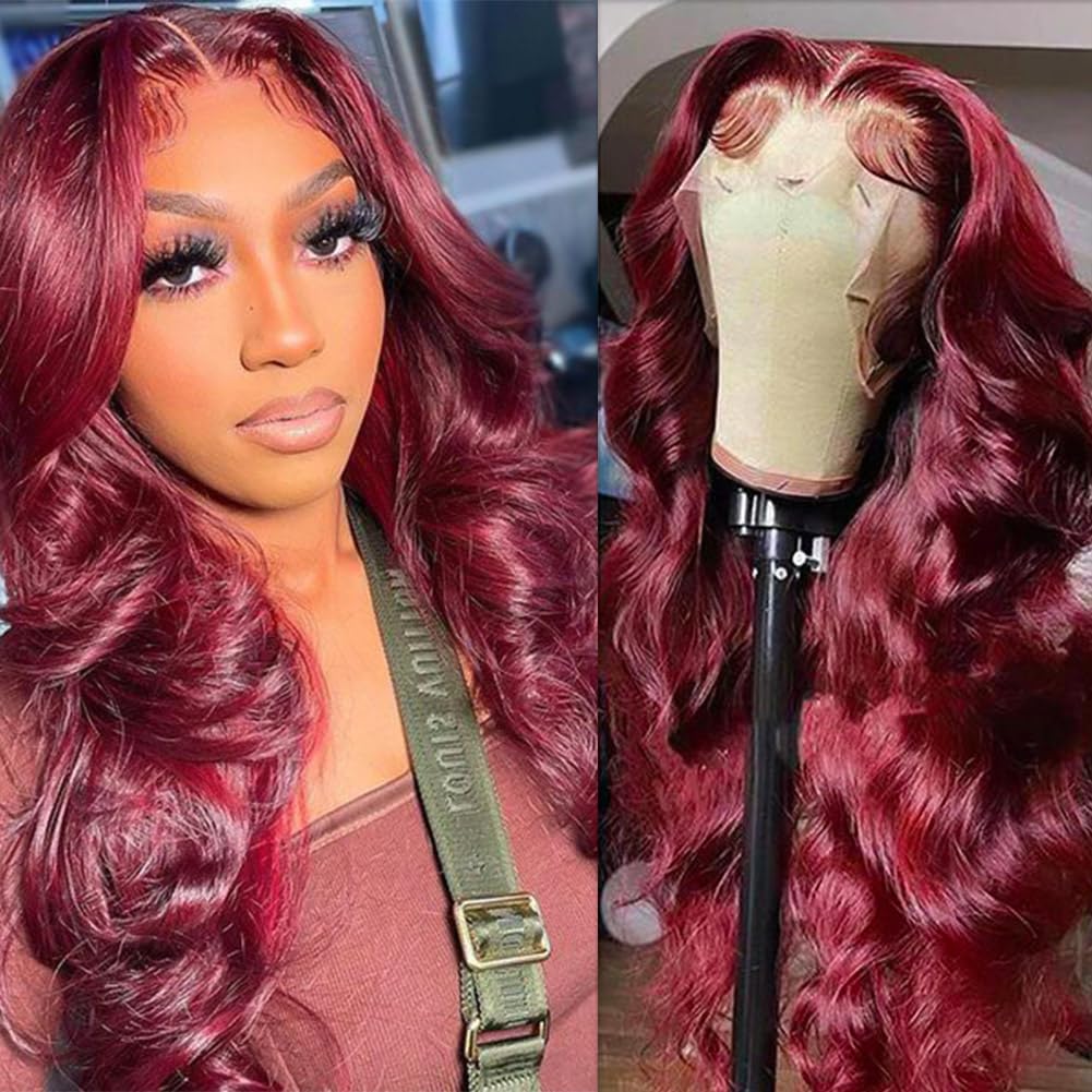 A FUTURE TONGMEI 99j Burgundy Lace Front Wigs Human Hair Pre Plucked 13x4 Transparent HD Lace Frontal Wigs with Baby Hair Colored Wine Red Body Wave