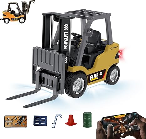 1:64 Alloy RC Forklift Toy - Remote Control Forklift with Liftable Forks,RC Crane, APP Control, STEM Educational Construction Vehicle for Kids Age 8-12