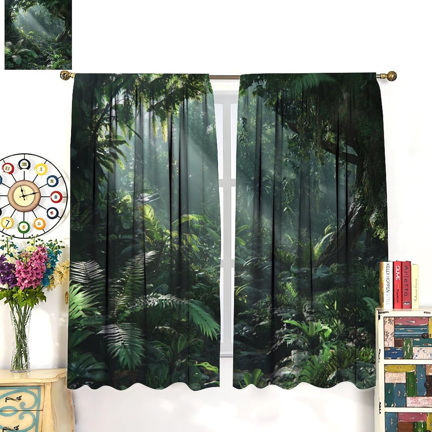 Misty Forest Scenery Blackout Curtains for Bedroom Living Room, Rod Pocket Nature Tropical Palm Leaves Curtains Thermal Insulated Window Drapes 2 Panels, Each 21W x 54L