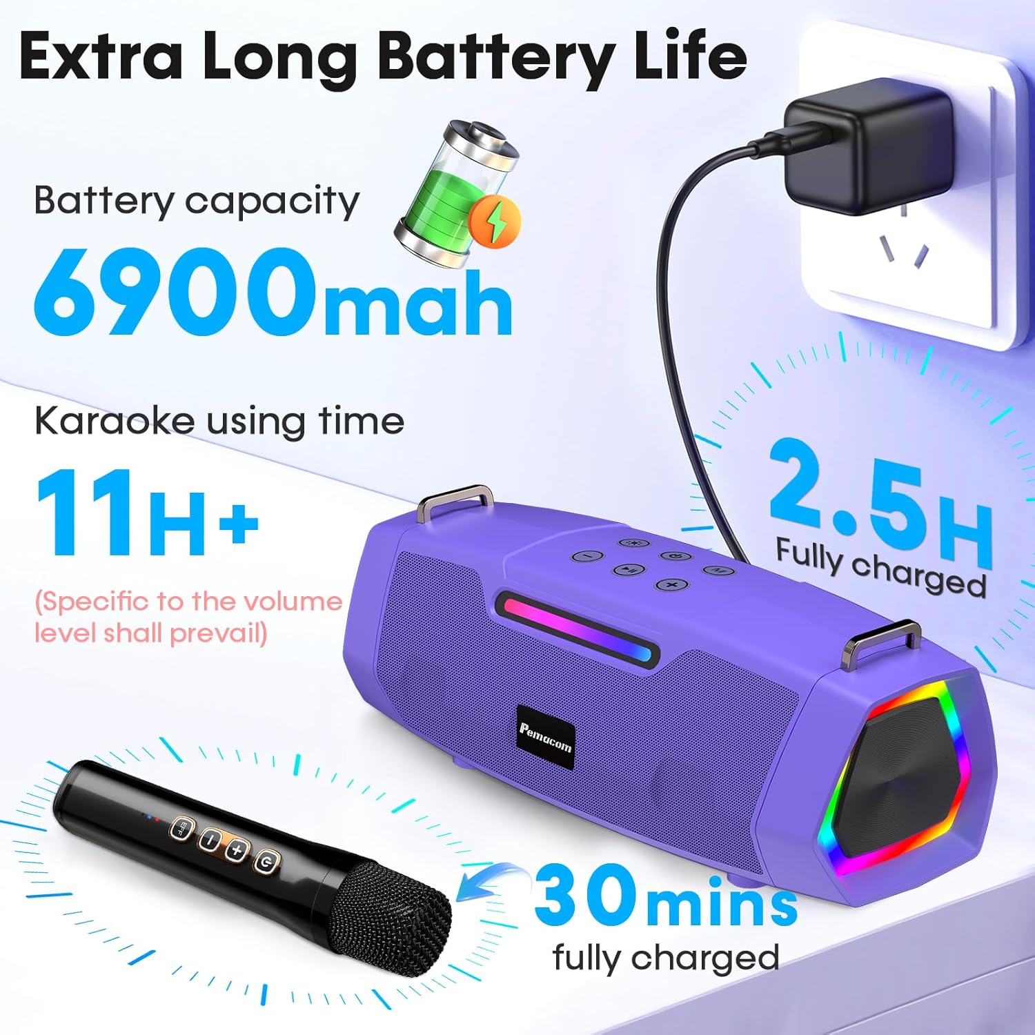 Karaoke Machine with Two Wireless Microphones - Portable 60W Powerful Bluetooth Speaker, Long Battery Life for Outdoor & Family Party, PA System for Fashion Women, Girls, Teenagers - Purple